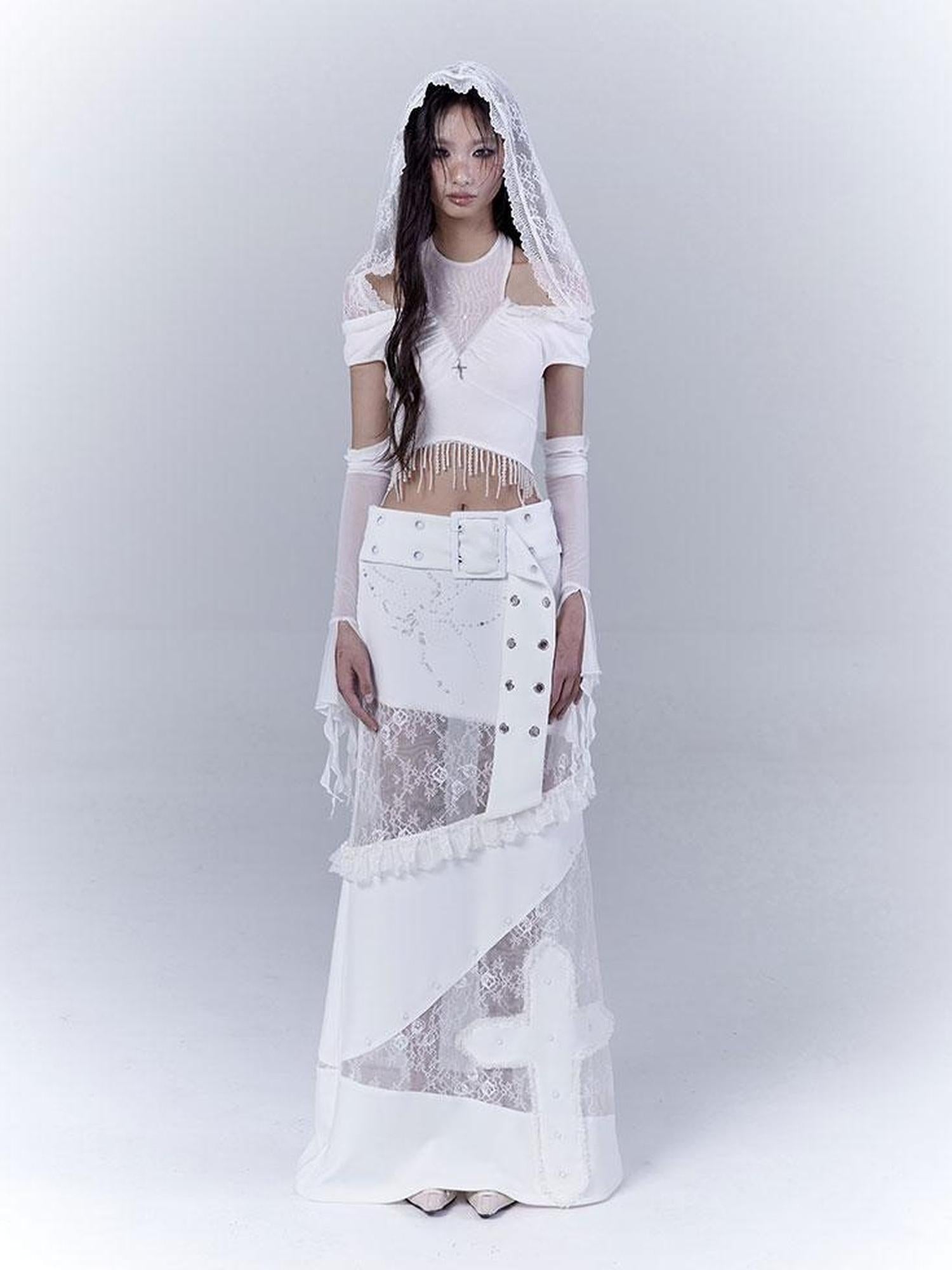 WSW WUSHENWU Sunlight Lace Dream White Elegant Crop Top