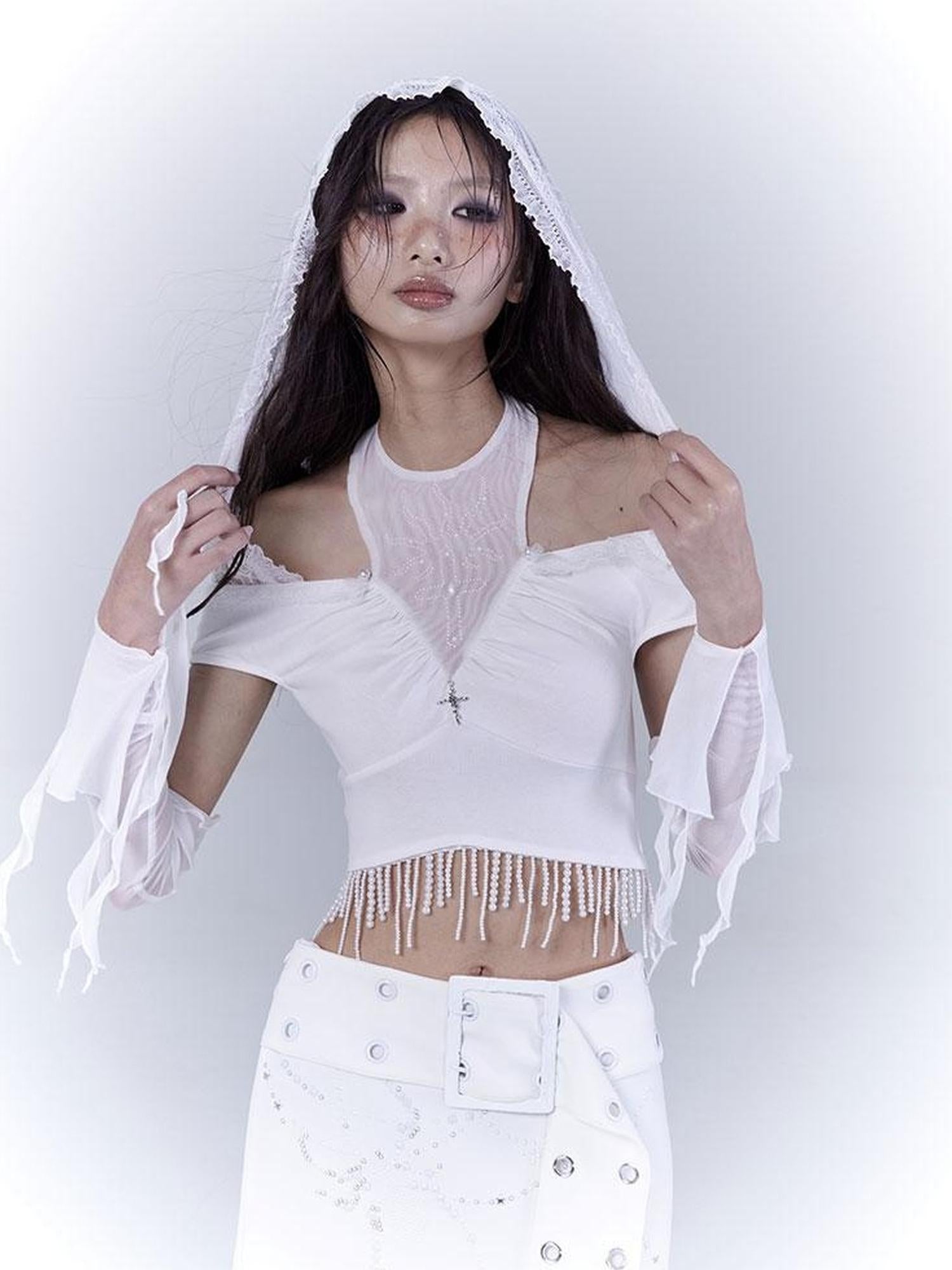 WSW WUSHENWU Sunlight Lace Dream White Elegant Crop Top
