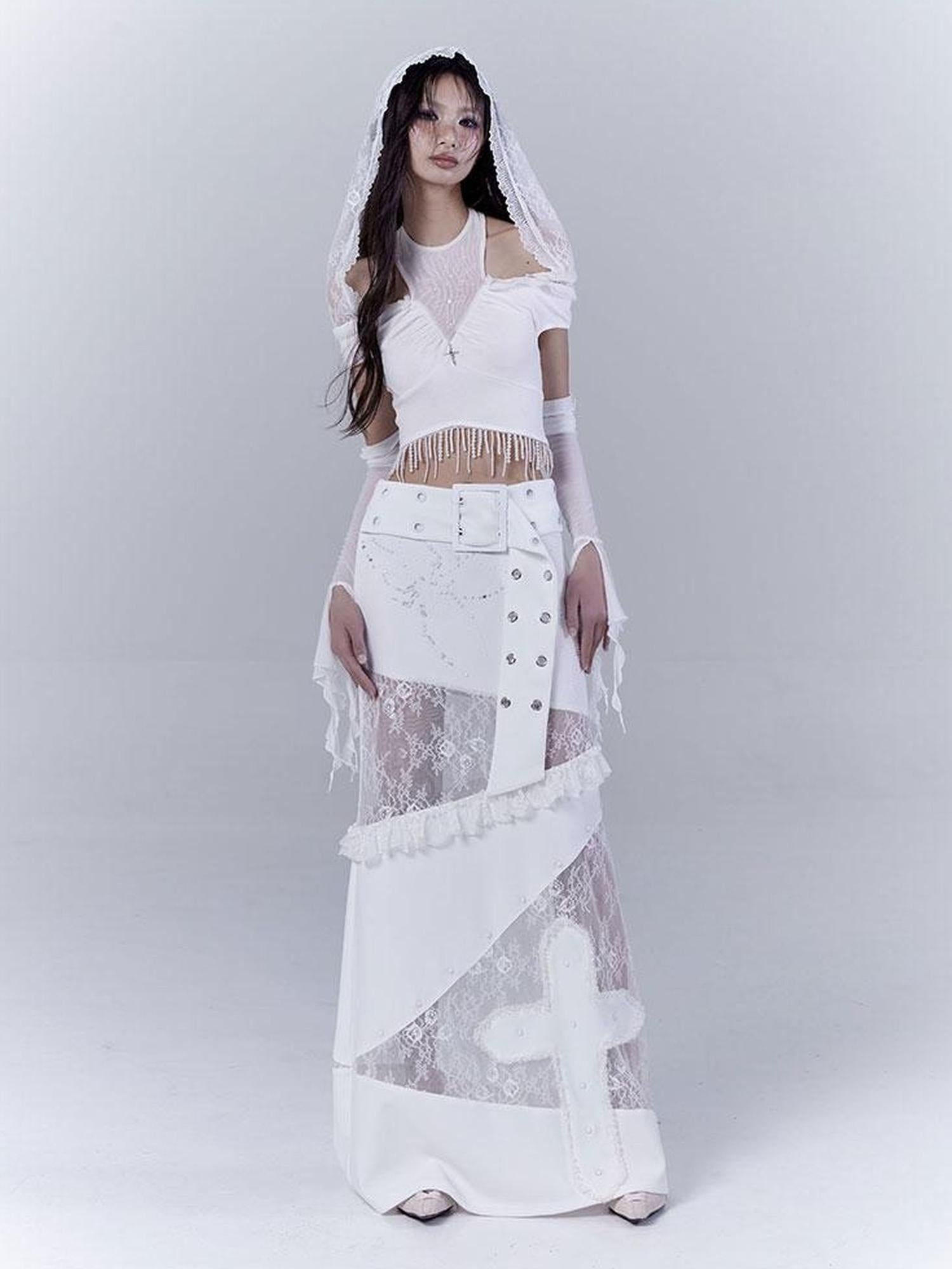 WSW WUSHENWU Sunlight Lace Dream White Elegant Crop Top