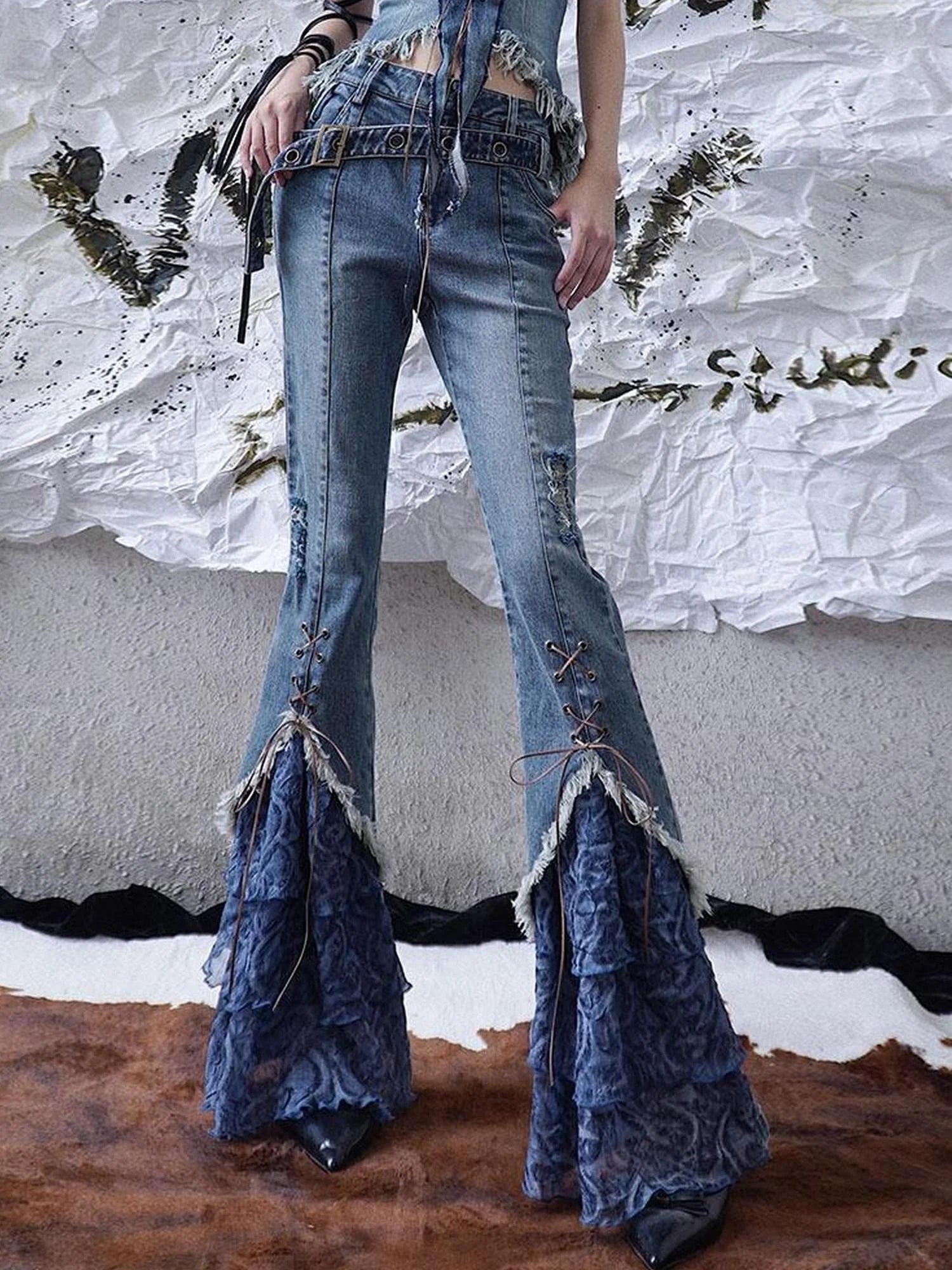 Sunset Road Mesh Panel Tie Detail Jeans