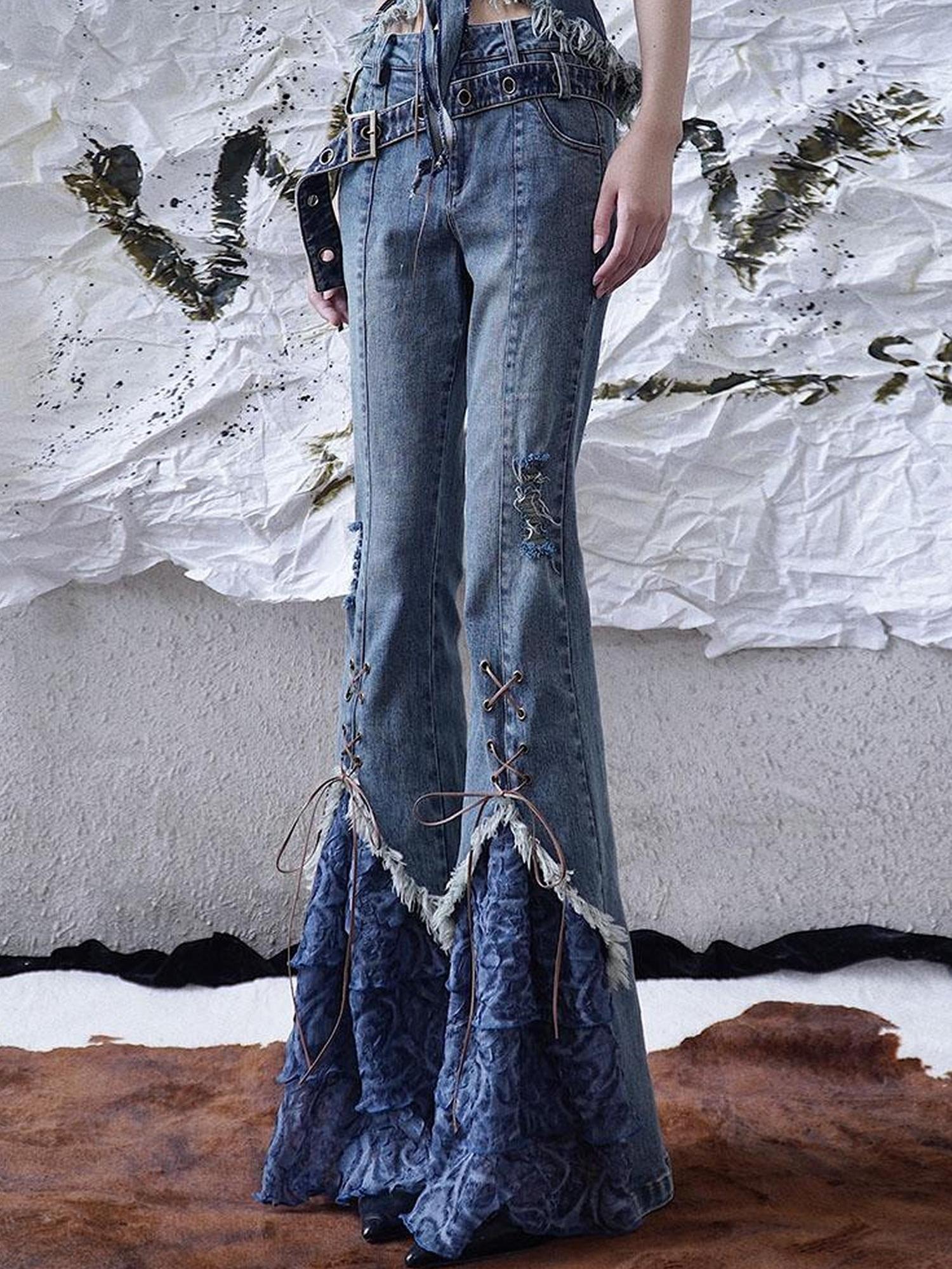WSW WUSHENWU Sunset Road Mesh Panel Tie Detail Jeans