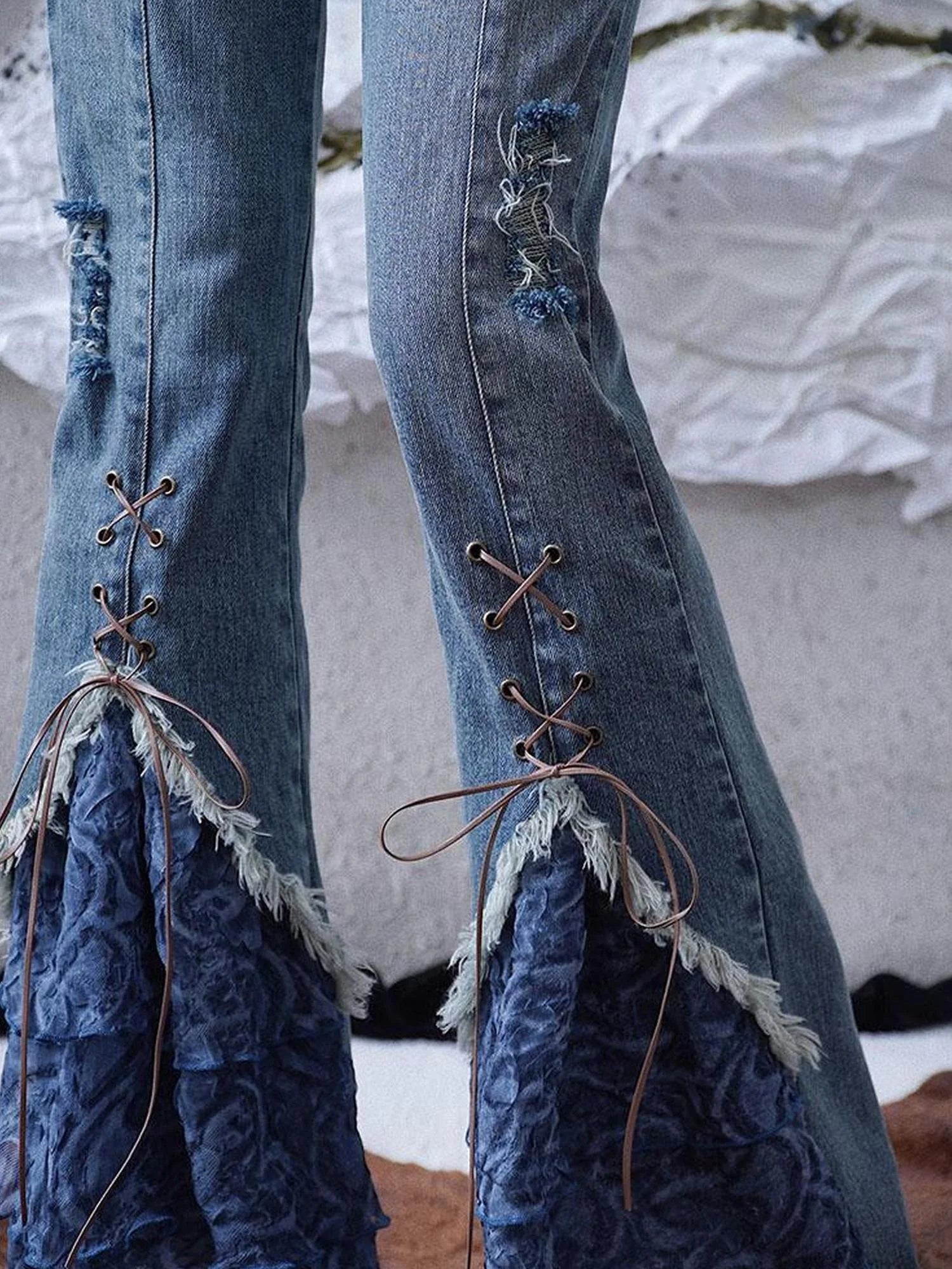 Sunset Road Mesh Panel Tie Detail Jeans