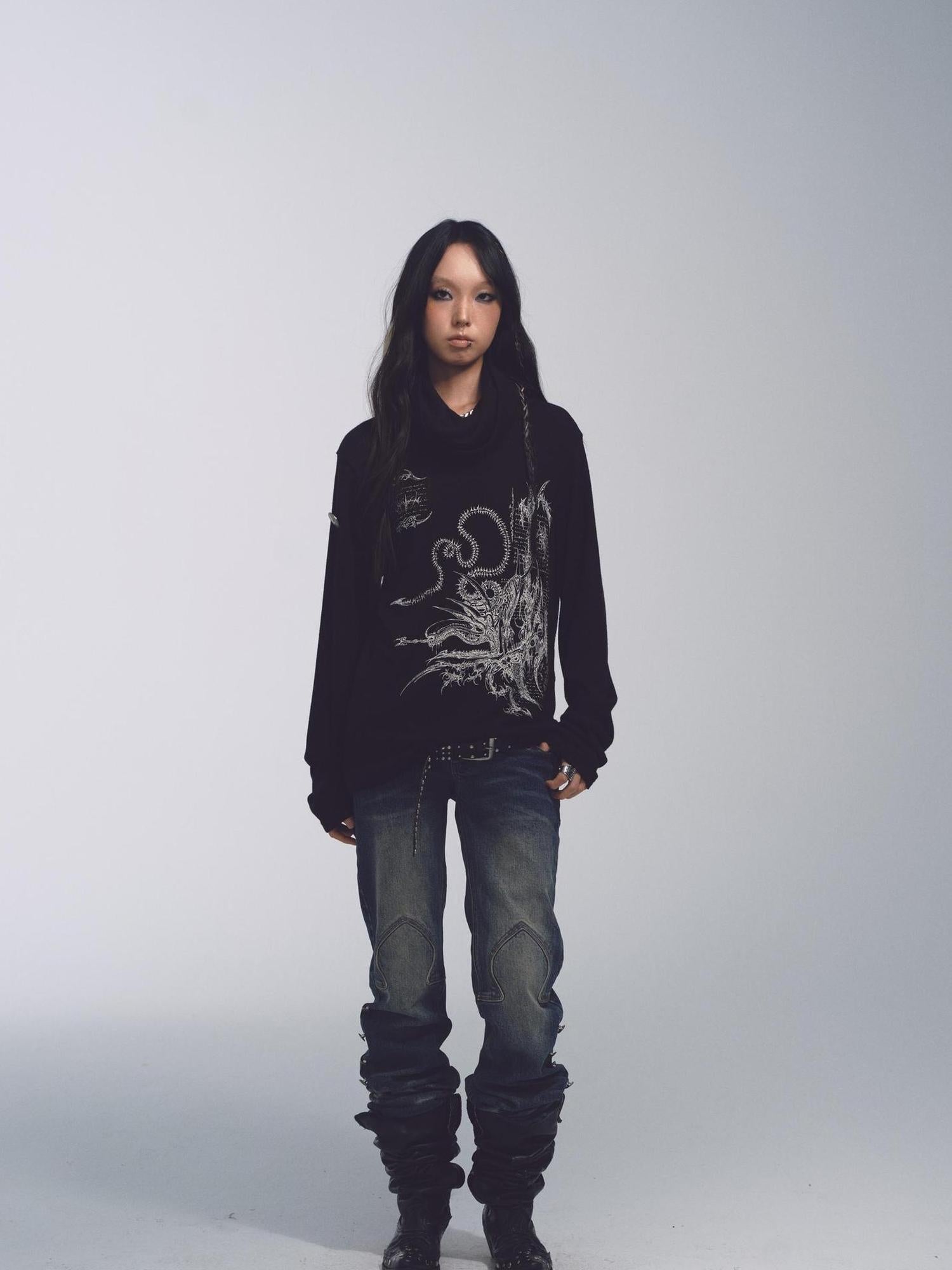 NONAME SPACE Super Soft Space Print Turtleneck Sweater Metal Button Loose Fit