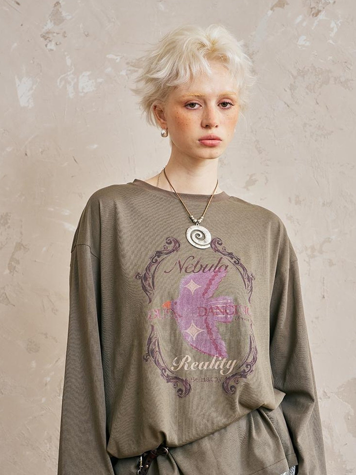 DIDDI MODA Swallow Print Loose Fit Vintage Tee