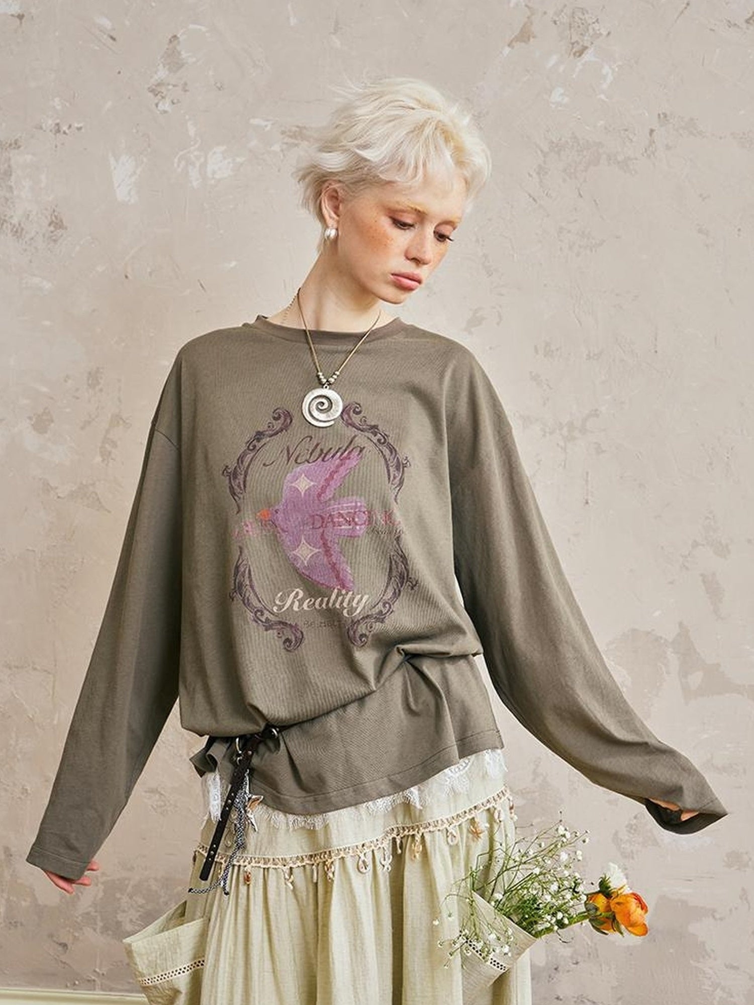 DIDDI MODA Swallow Print Loose Fit Vintage Tee