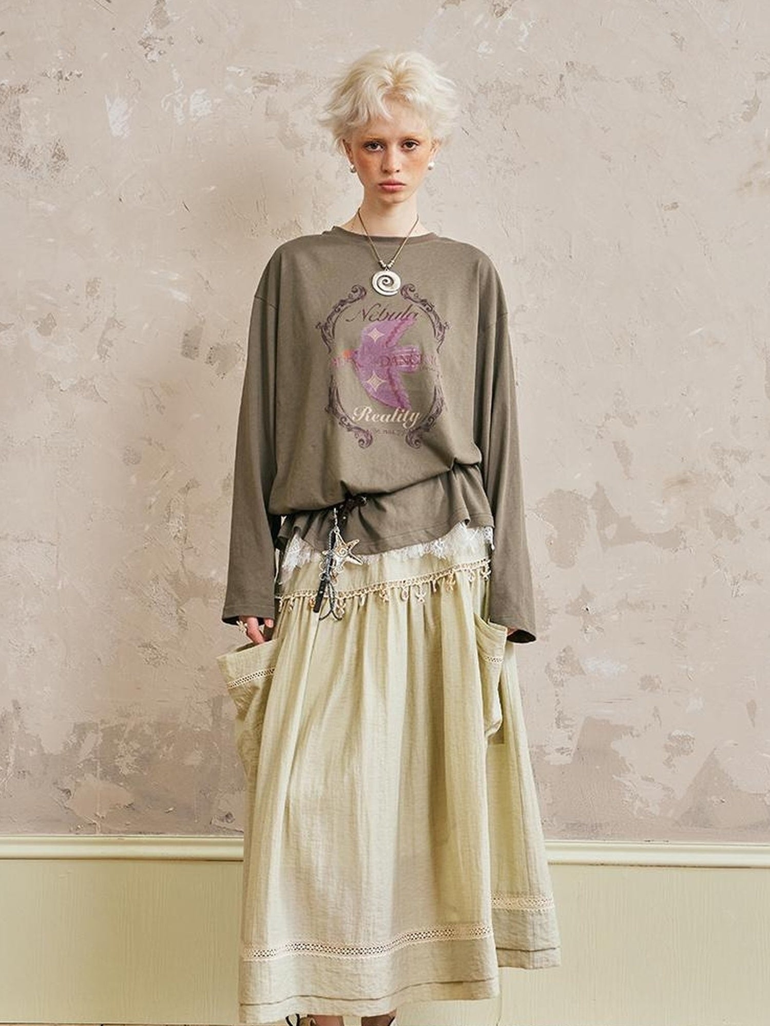 DIDDI MODA Swallow Print Loose Fit Vintage Tee