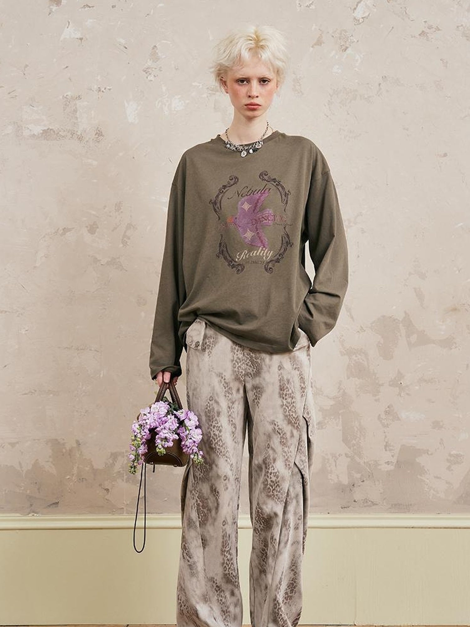 DIDDI MODA Swallow Print Loose Fit Vintage Tee