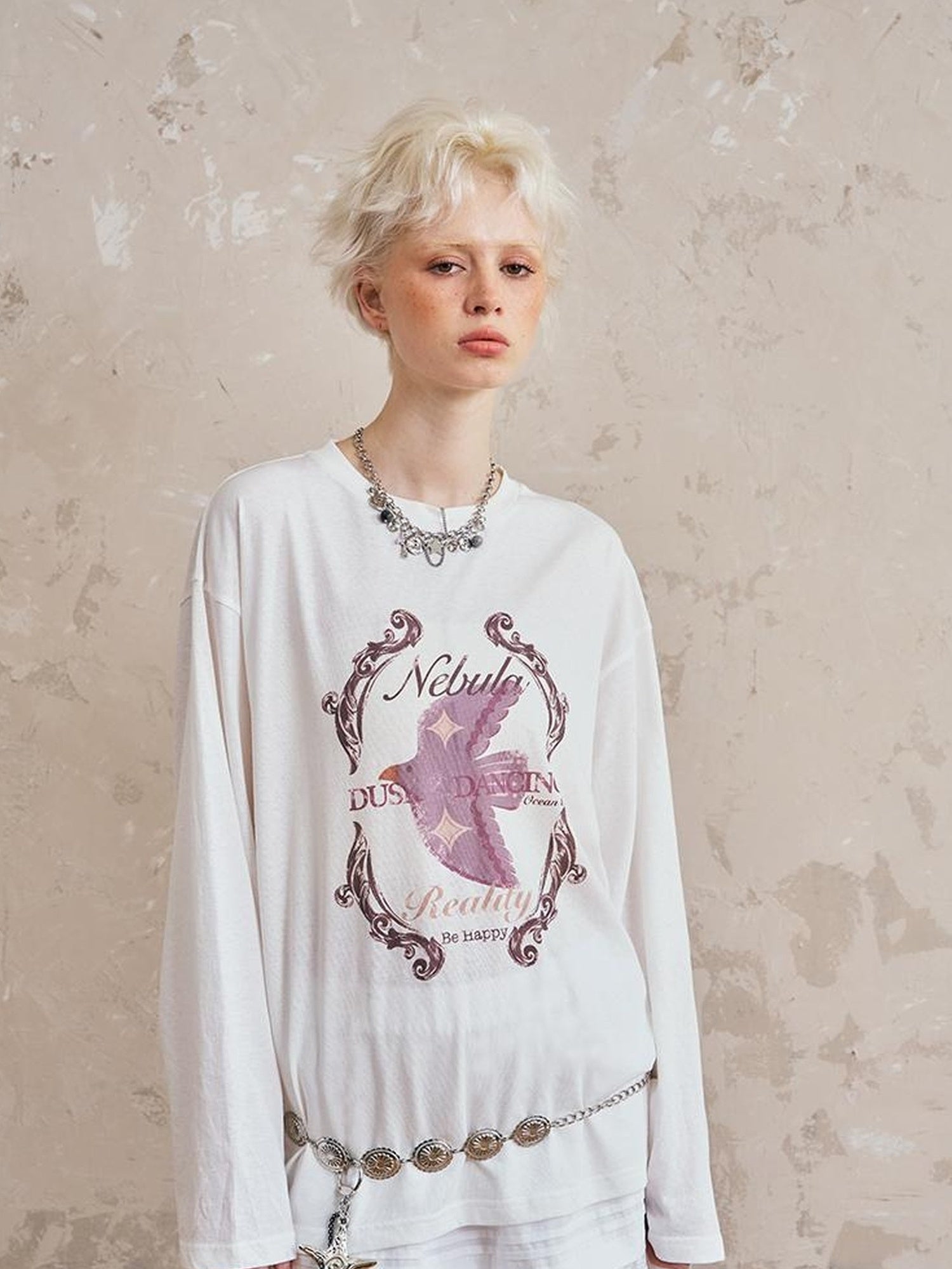 DIDDI MODA Swallow Print Loose Fit Vintage Tee