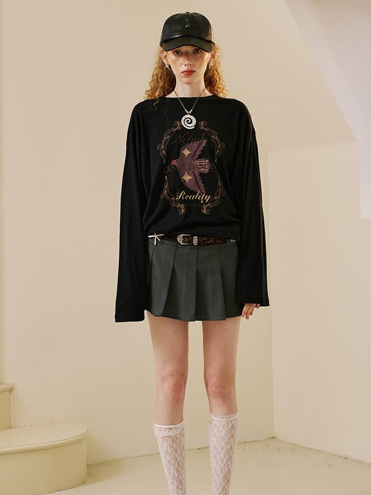 DIDDI MODA Swallow Print Loose Fit Vintage Tee