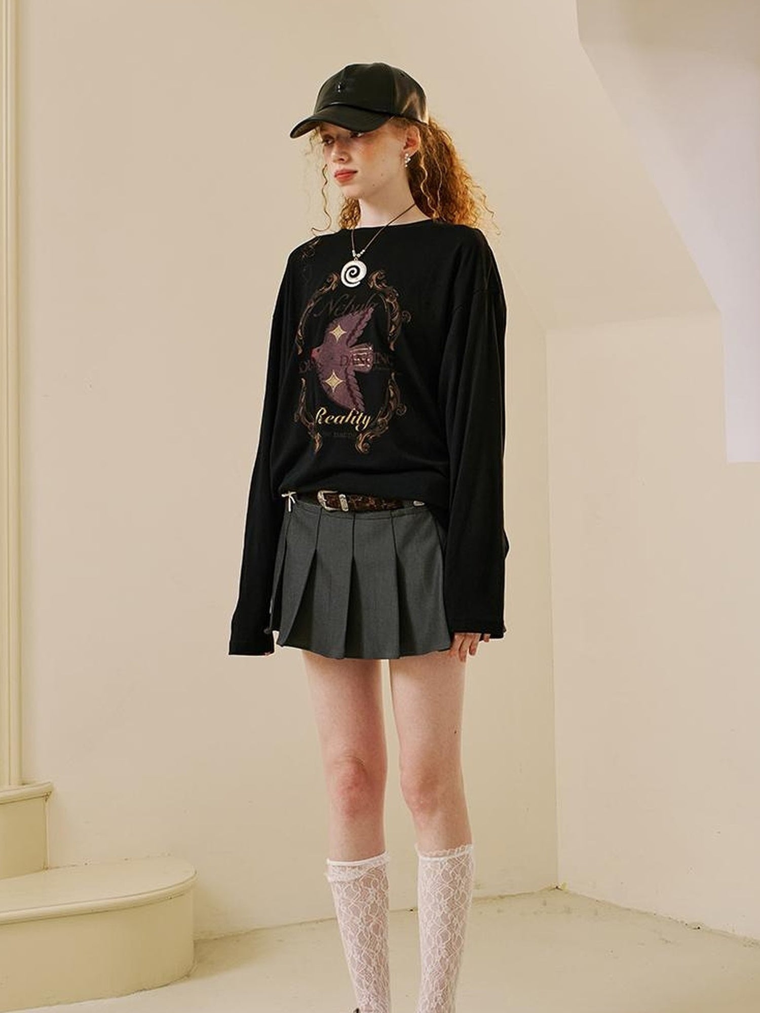DIDDI MODA Swallow Print Loose Fit Vintage Tee