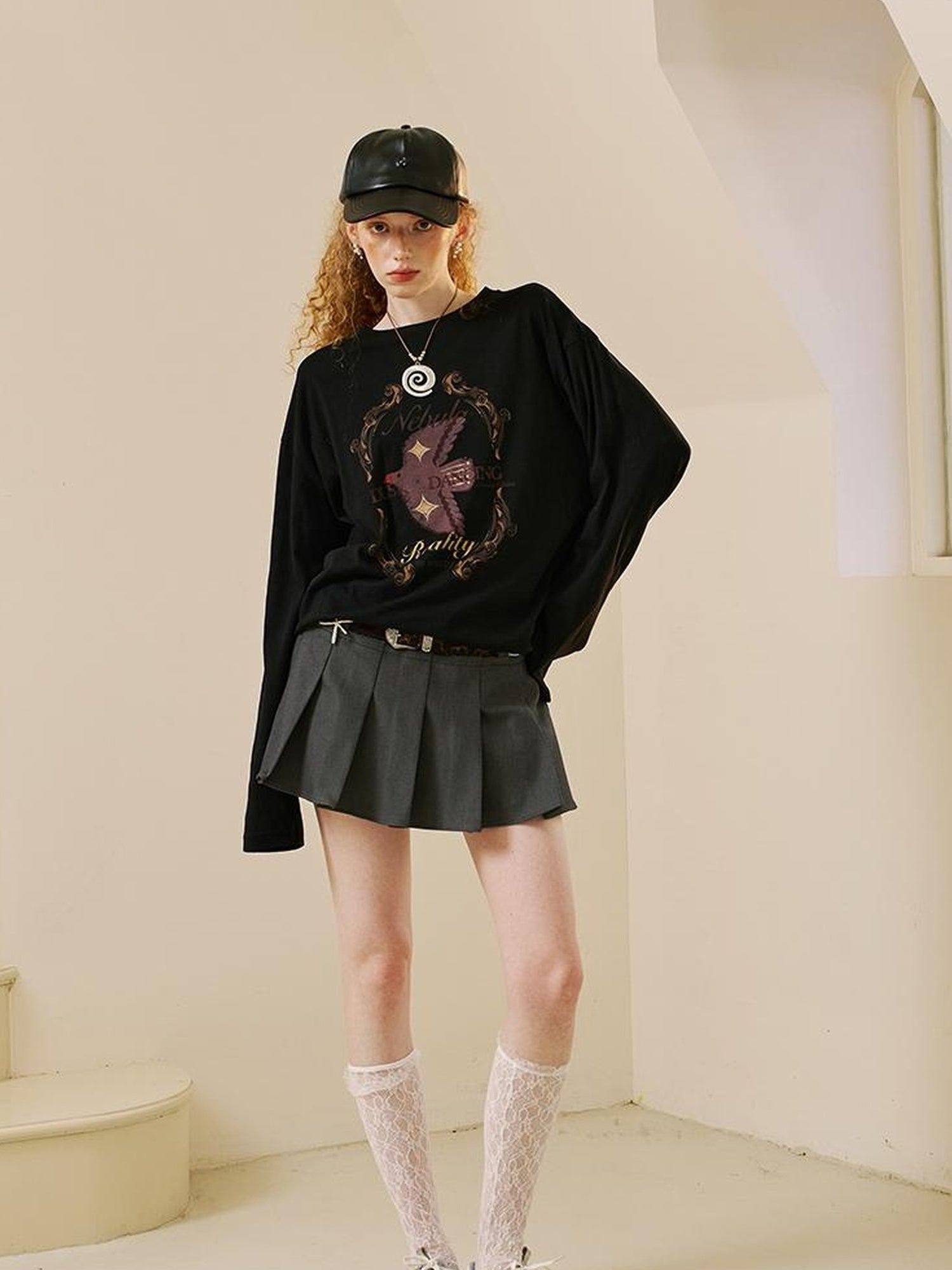 DIDDI MODA Swallow Print Loose Fit Vintage Tee