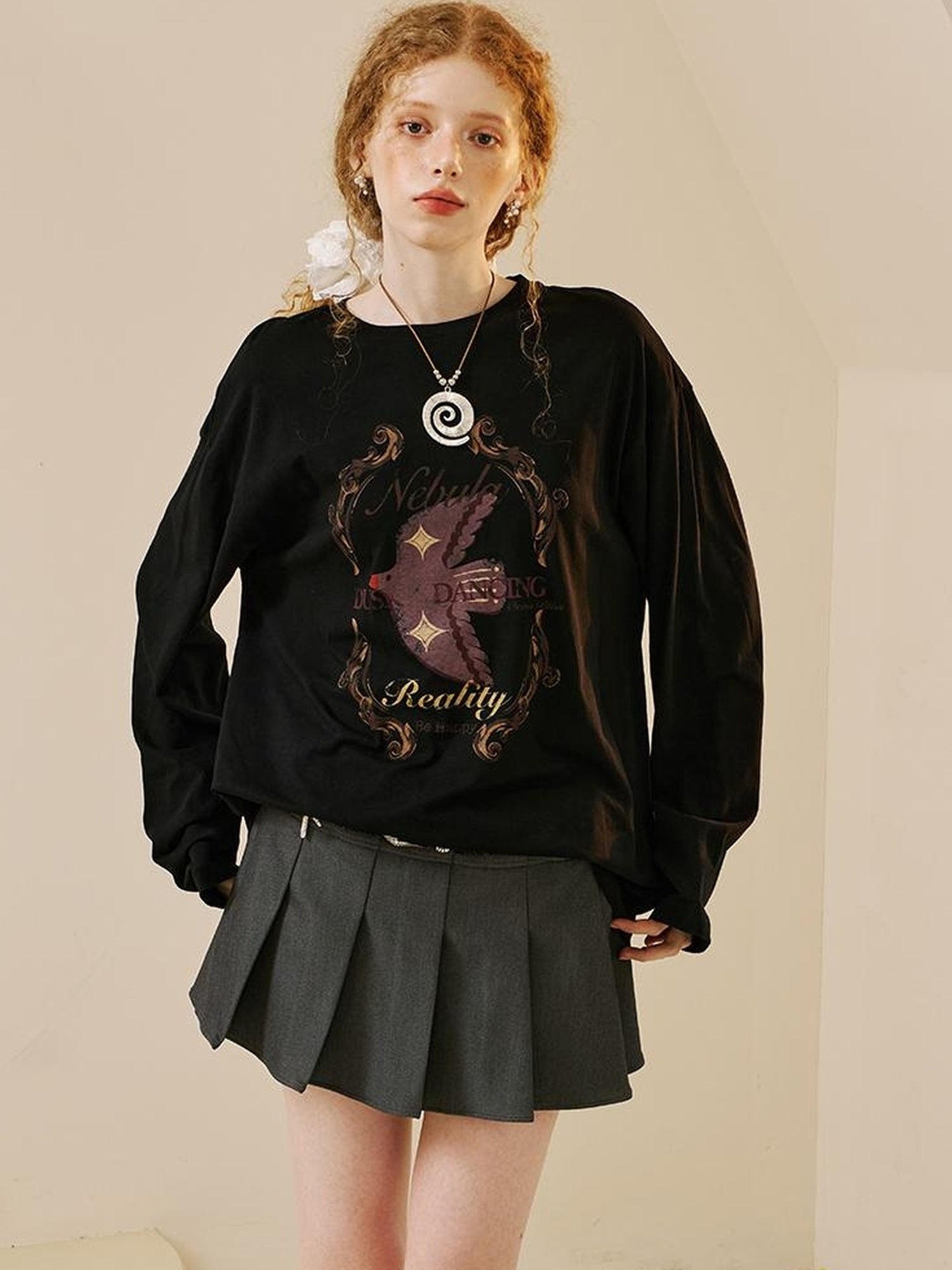 DIDDI MODA Swallow Print Loose Fit Vintage Tee
