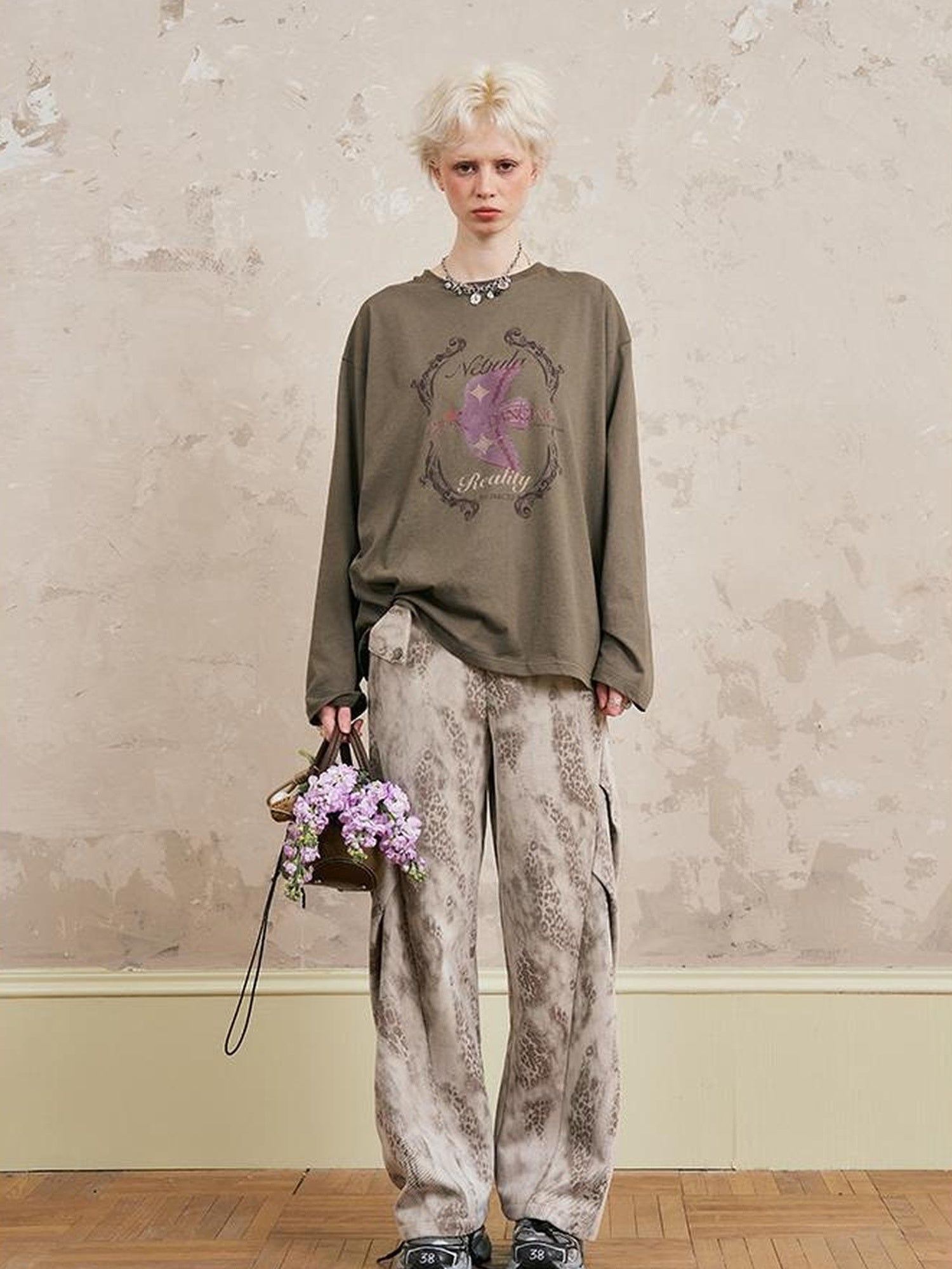 DIDDI MODA Swallow Print Loose Fit Vintage Tee