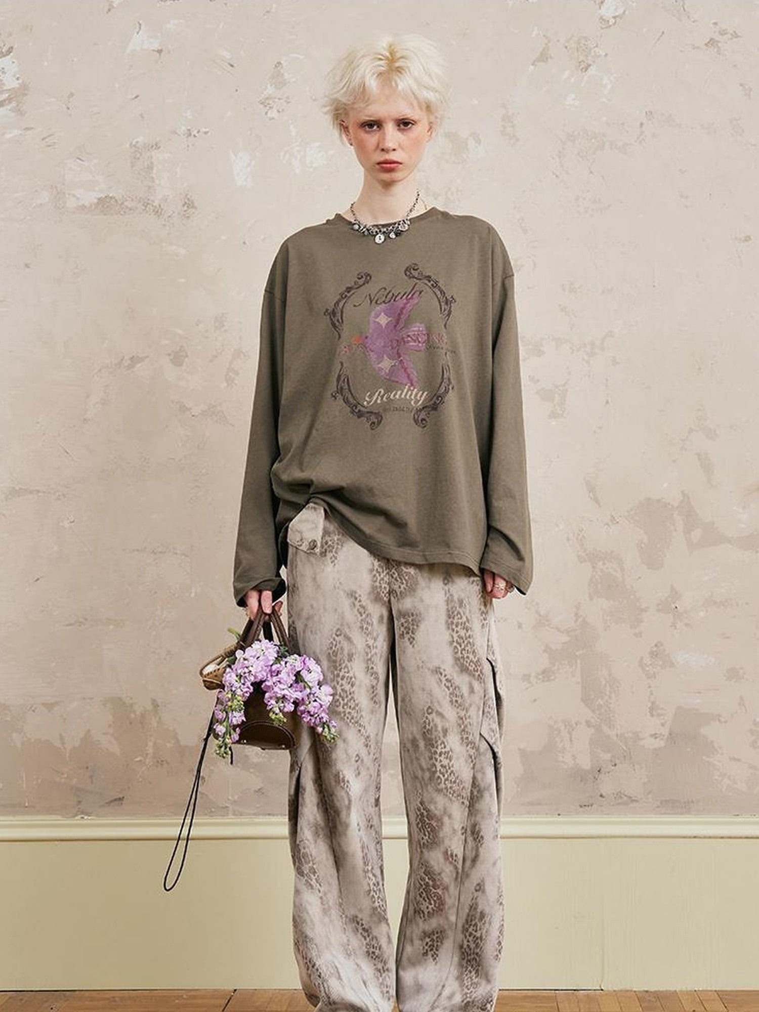 DIDDI MODA Swallow Print Loose Fit Vintage Tee