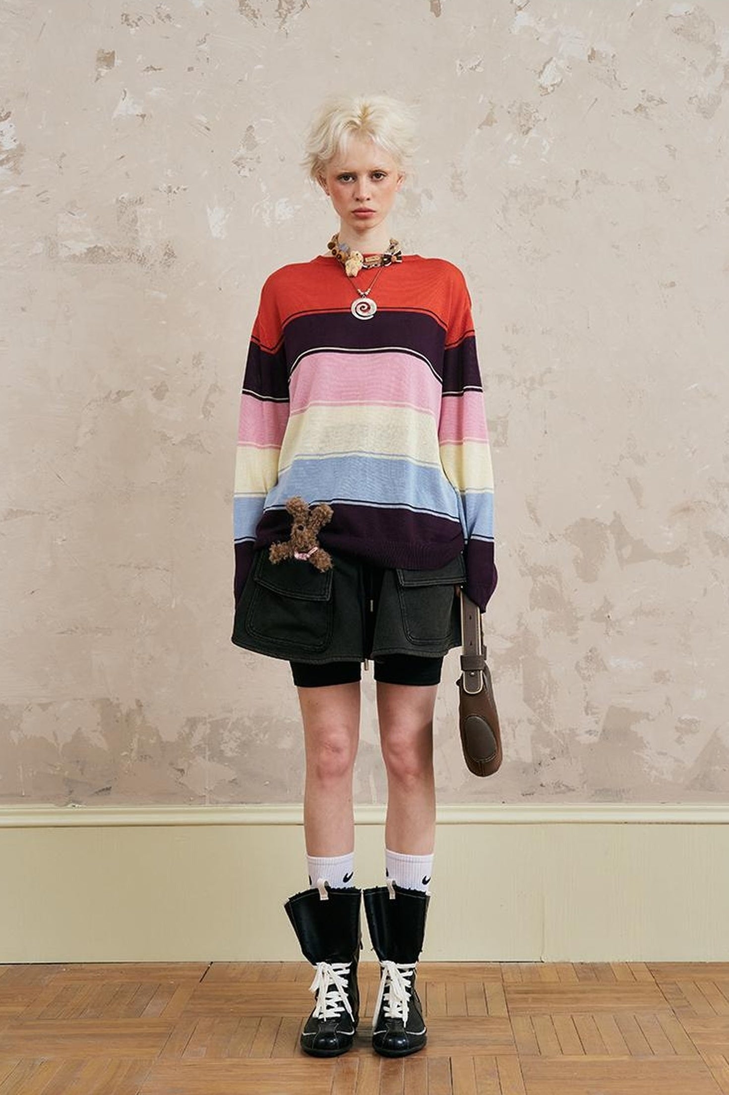 DIDDI MODA Swallow Print Tee Striped Knit Top Washed Pocket Skirt Set