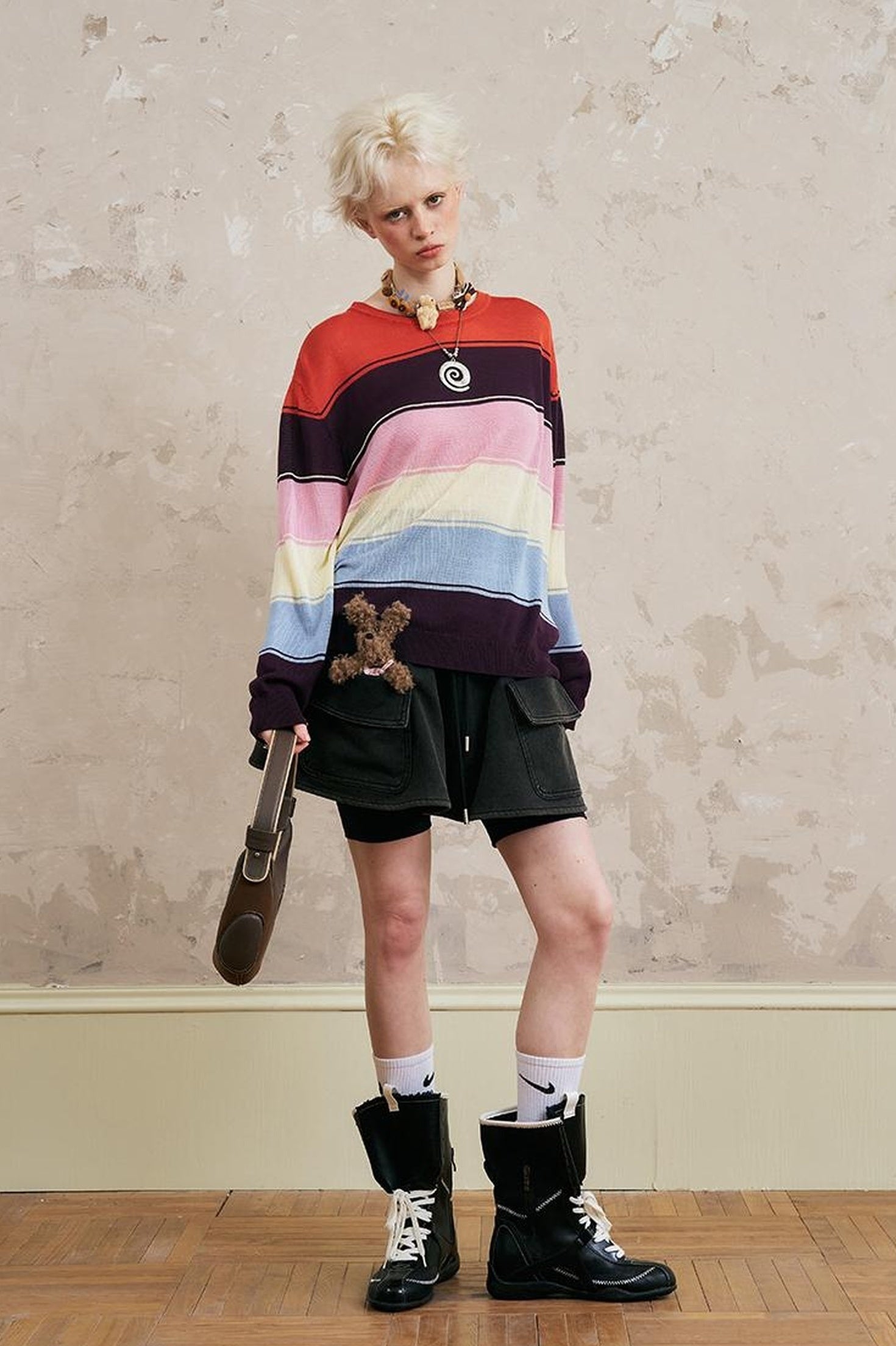 DIDDI MODA Swallow Print Tee Striped Knit Top Washed Pocket Skirt Set
