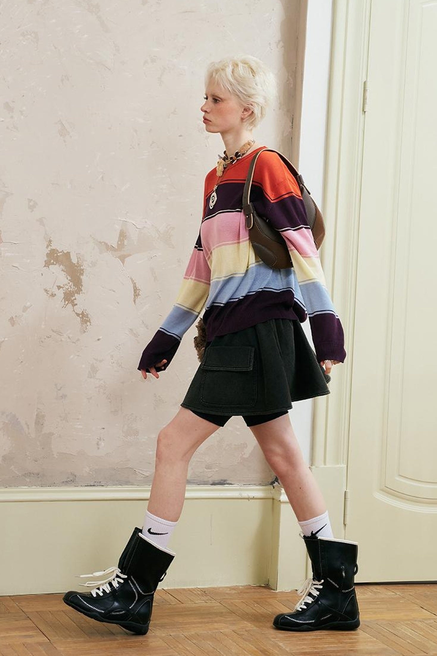DIDDI MODA Swallow Print Tee Striped Knit Top Washed Pocket Skirt Set