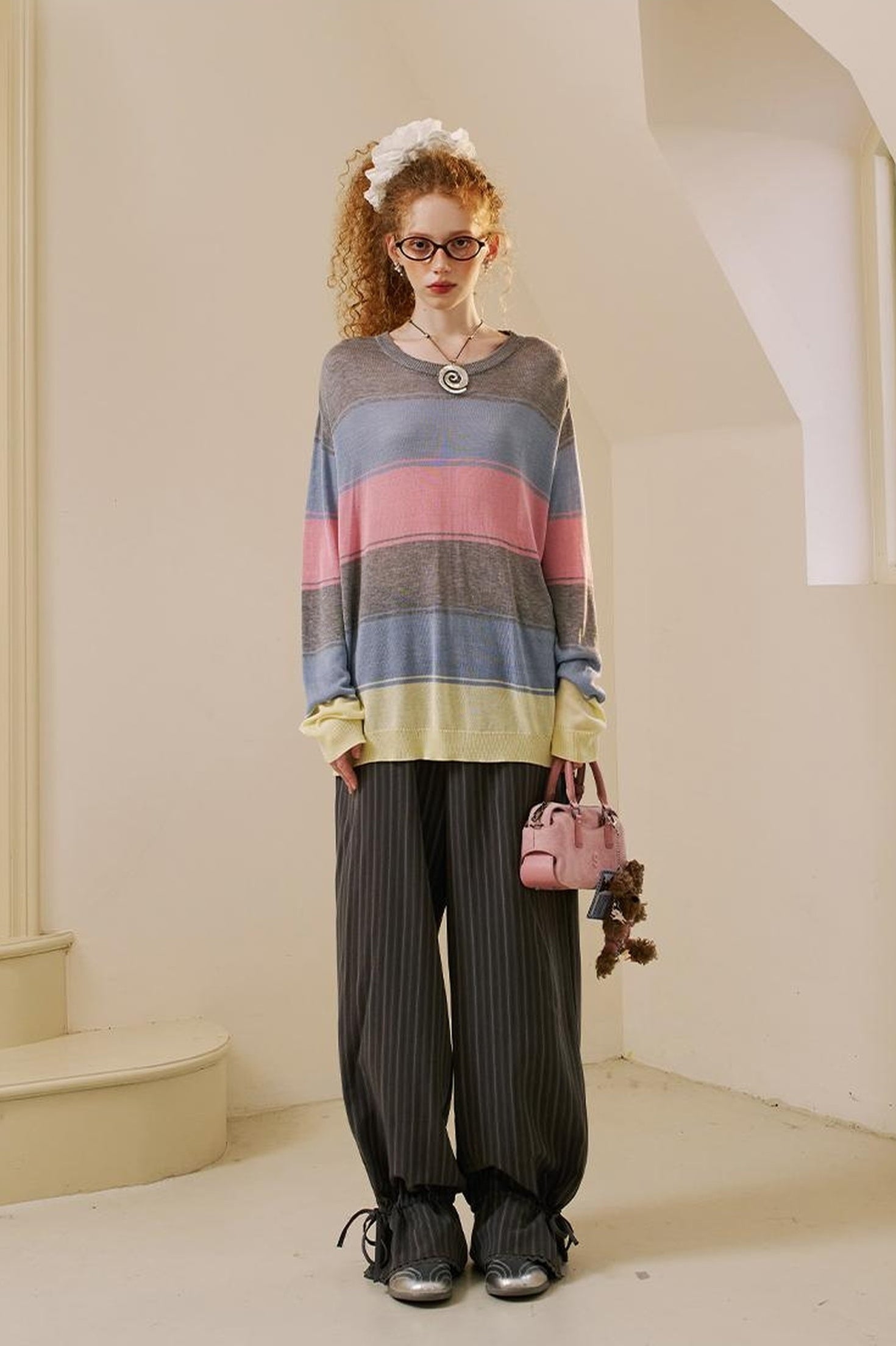 DIDDI MODA Swallow Print Tee Striped Knit Top Washed Pocket Skirt Set