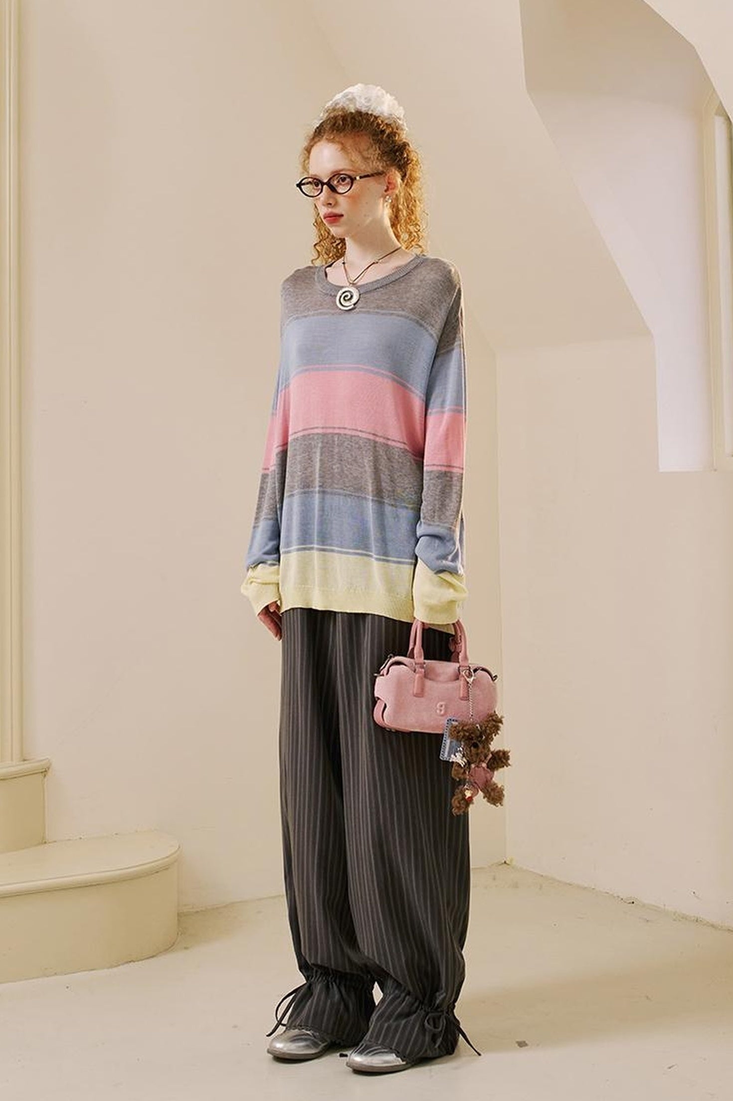 DIDDI MODA Swallow Print Tee Striped Knit Top Washed Pocket Skirt Set