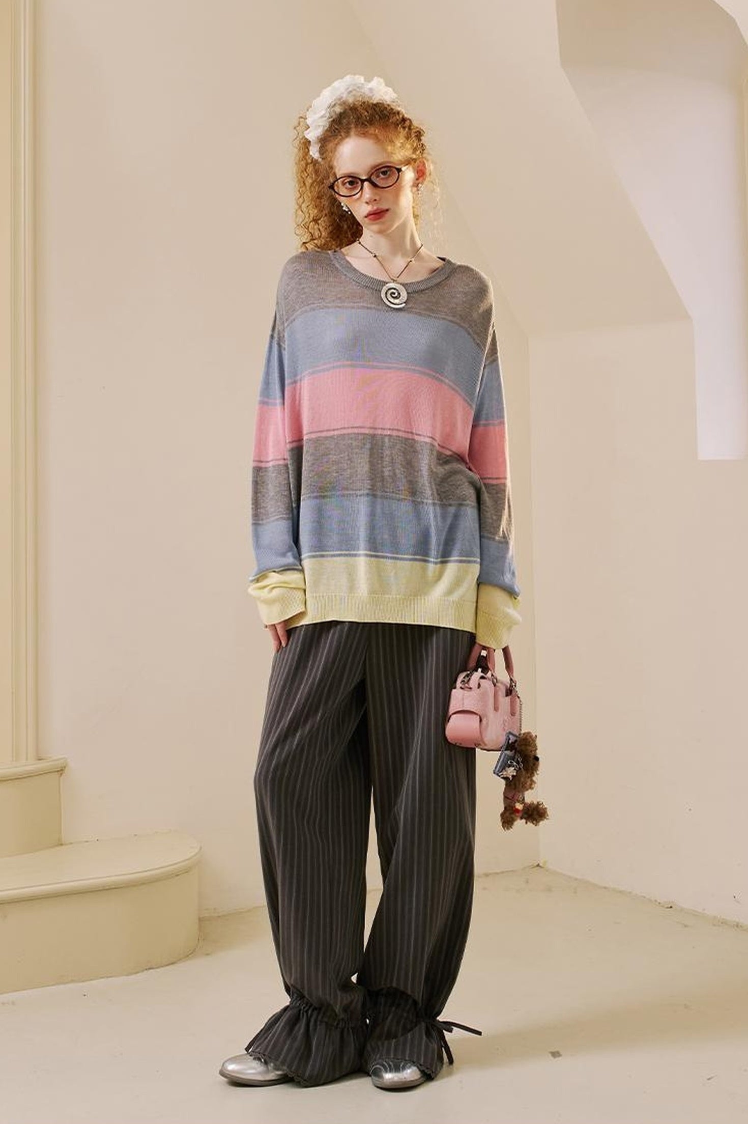 DIDDI MODA Swallow Print Tee Striped Knit Top Washed Pocket Skirt Set