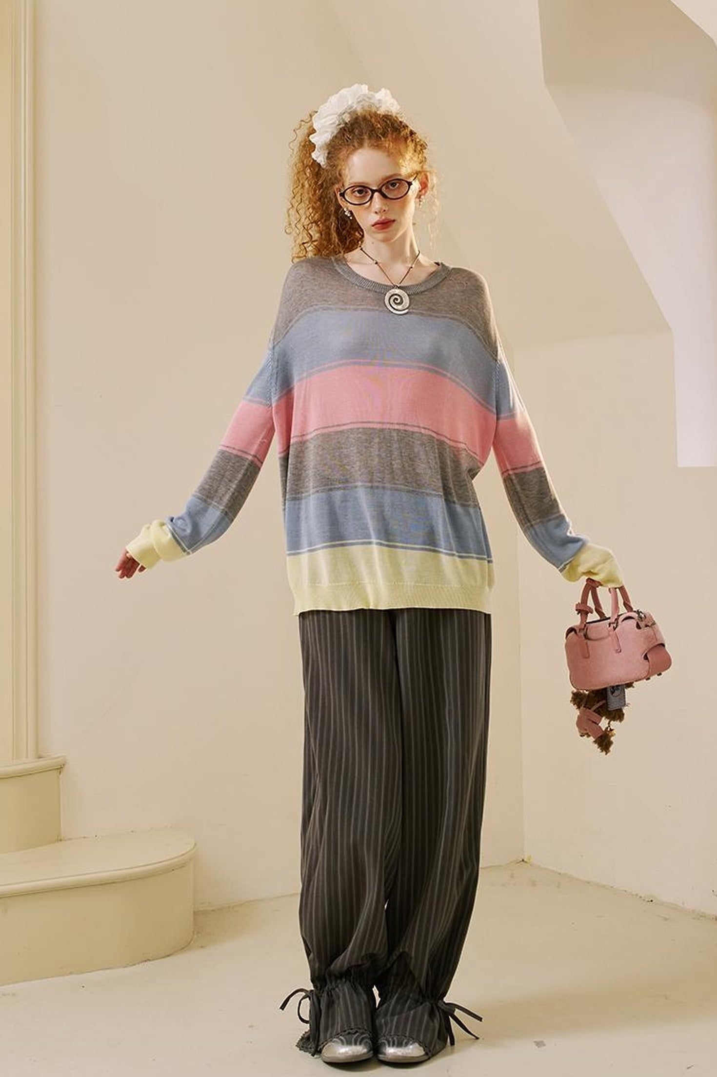 DIDDI MODA Swallow Print Tee Striped Knit Top Washed Pocket Skirt Set