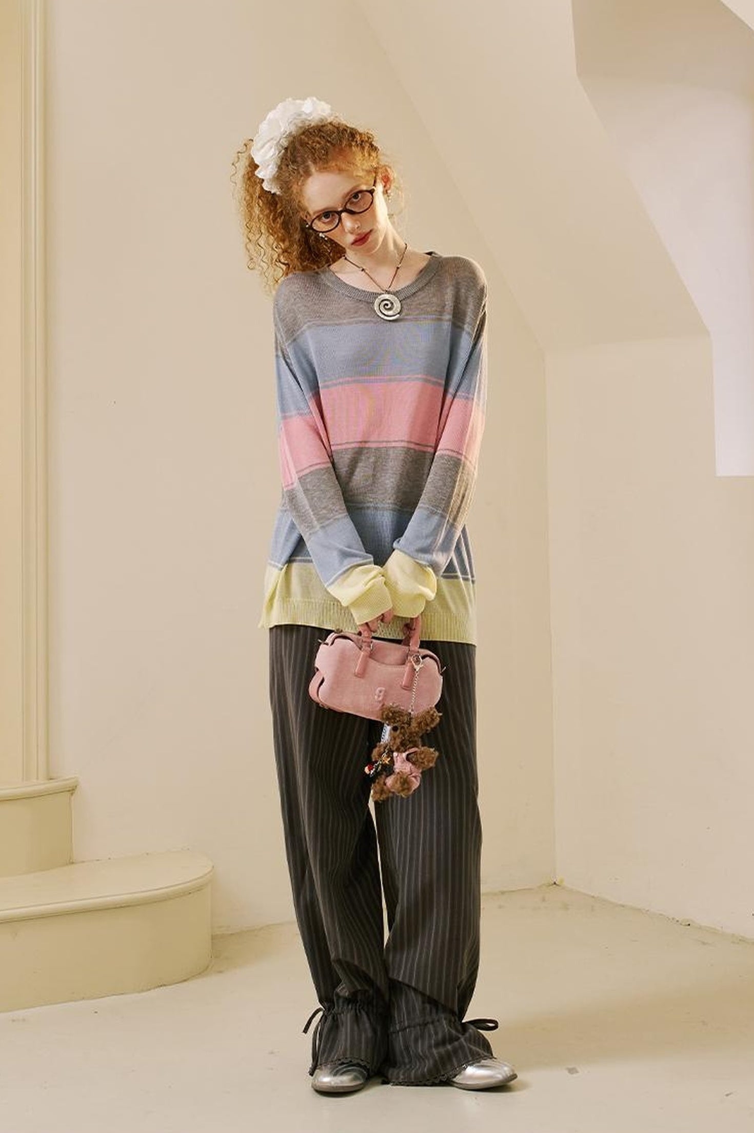 DIDDI MODA Swallow Print Tee Striped Knit Top Washed Pocket Skirt Set