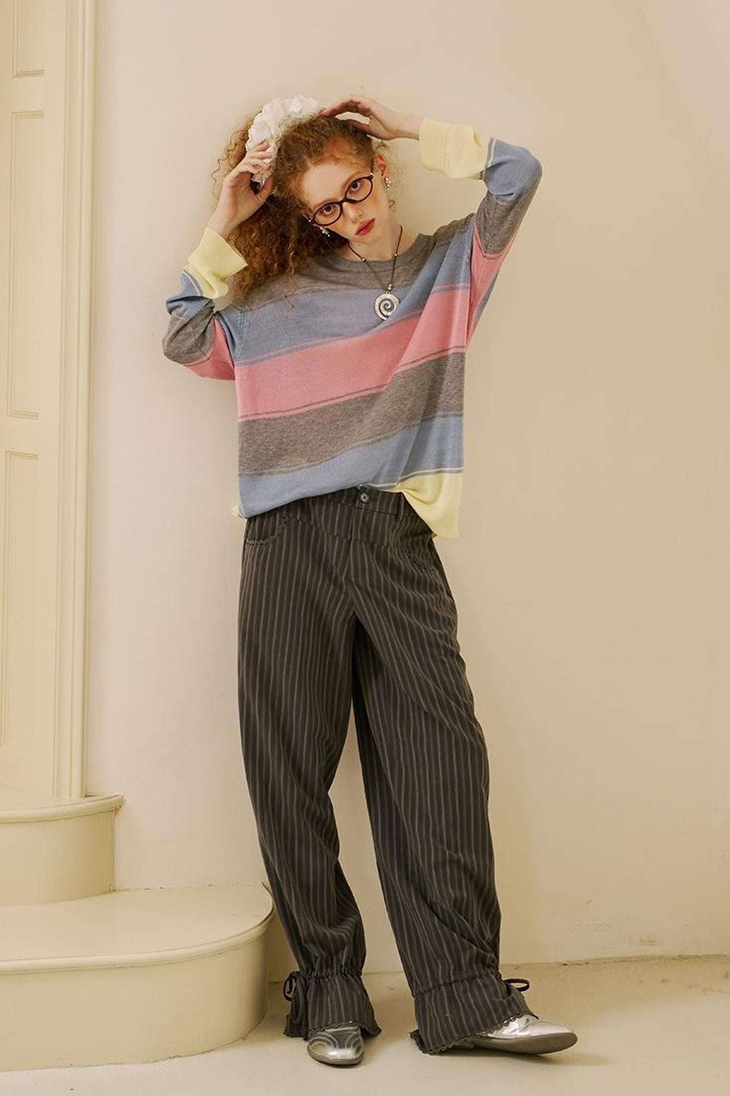 DIDDI MODA Swallow Print Tee Striped Knit Top Washed Pocket Skirt Set