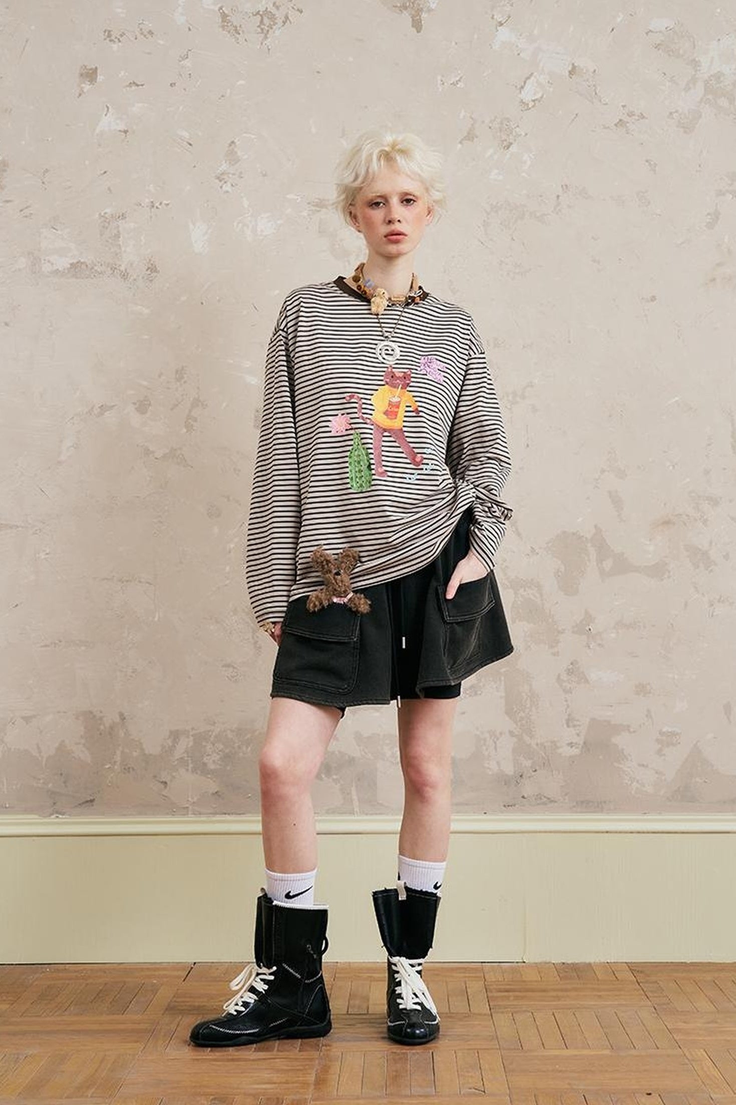 DIDDI MODA Swallow Print Tee Striped Knit Top Washed Pocket Skirt Set