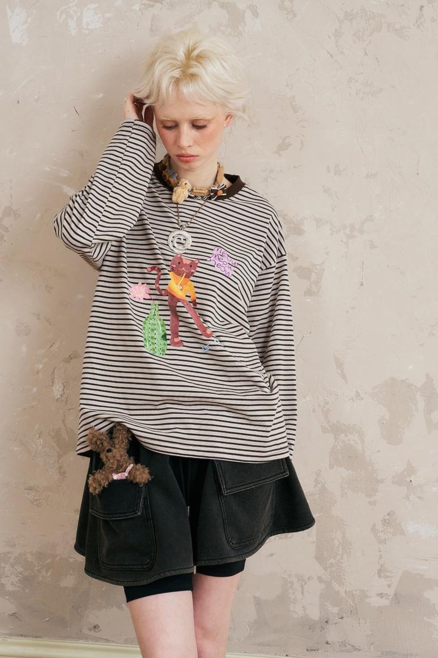 DIDDI MODA Swallow Print Tee Striped Knit Top Washed Pocket Skirt Set