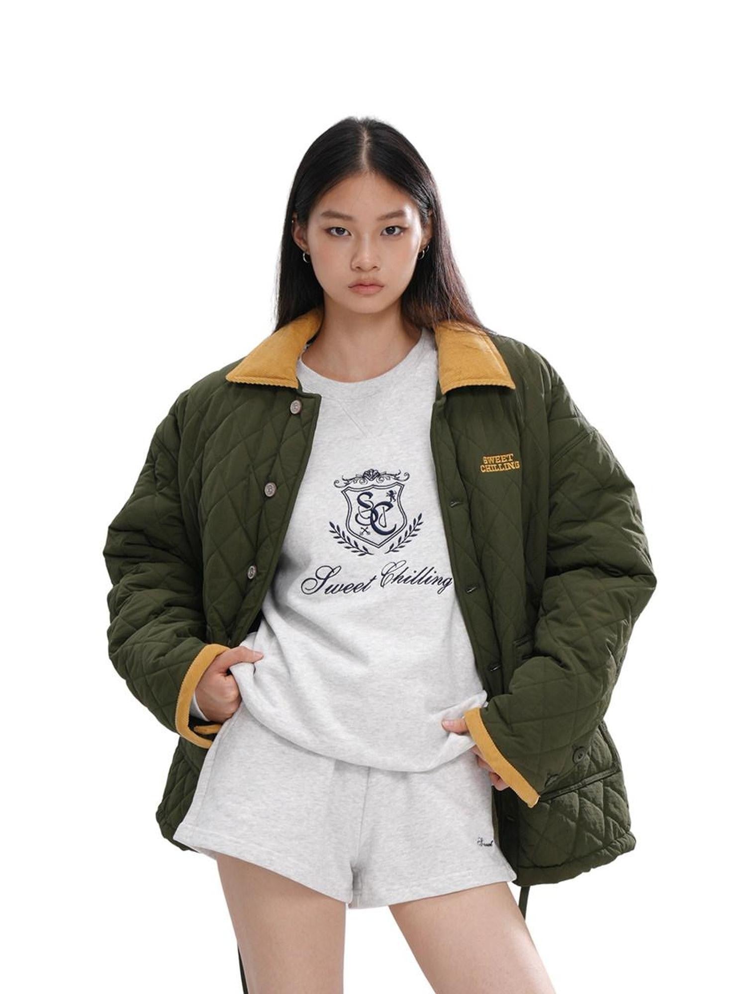 SweetChilling Army Green Quilted Vintage Cropped Women&