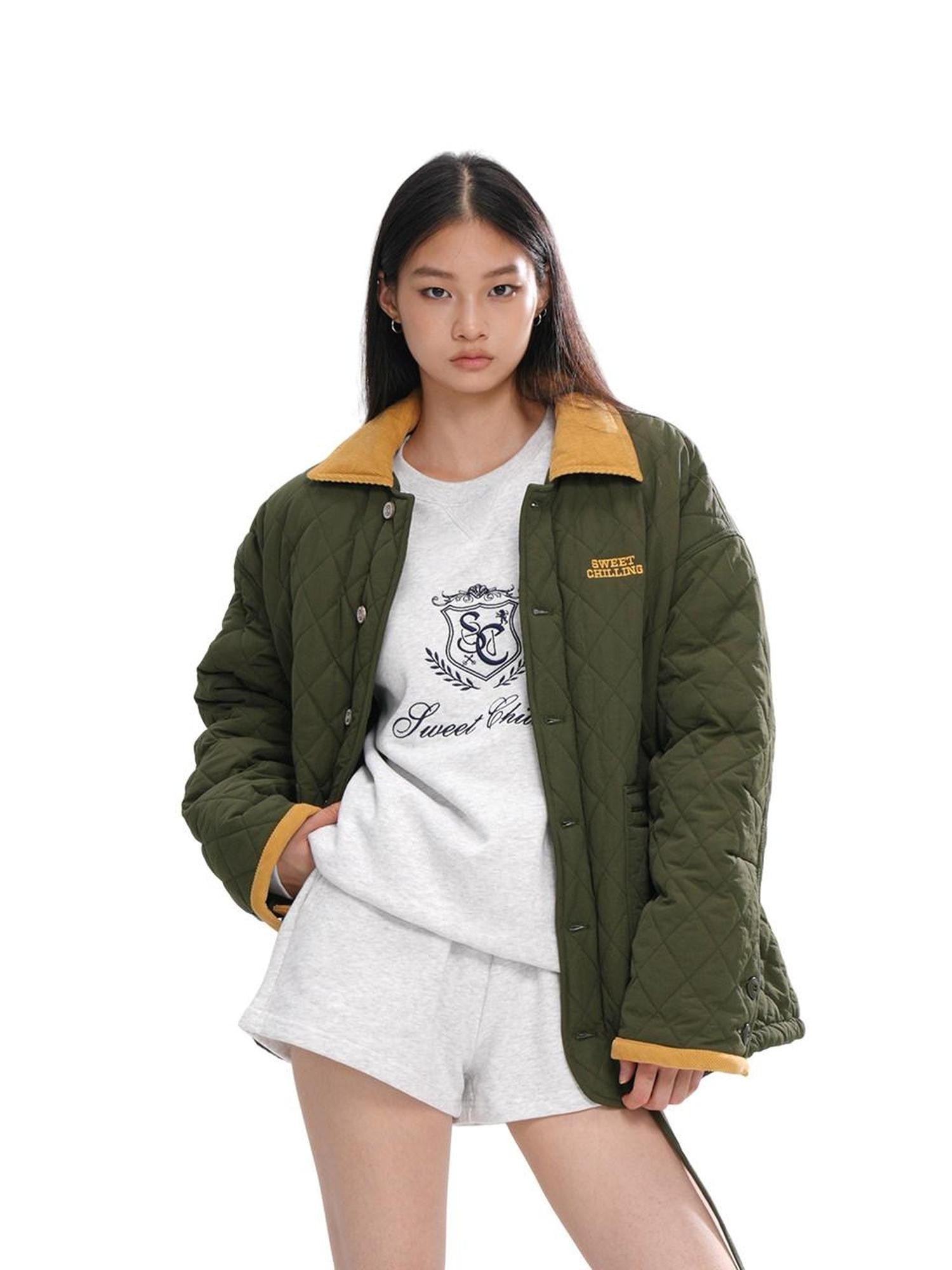 SweetChilling Army Green Quilted Vintage Cropped Women&