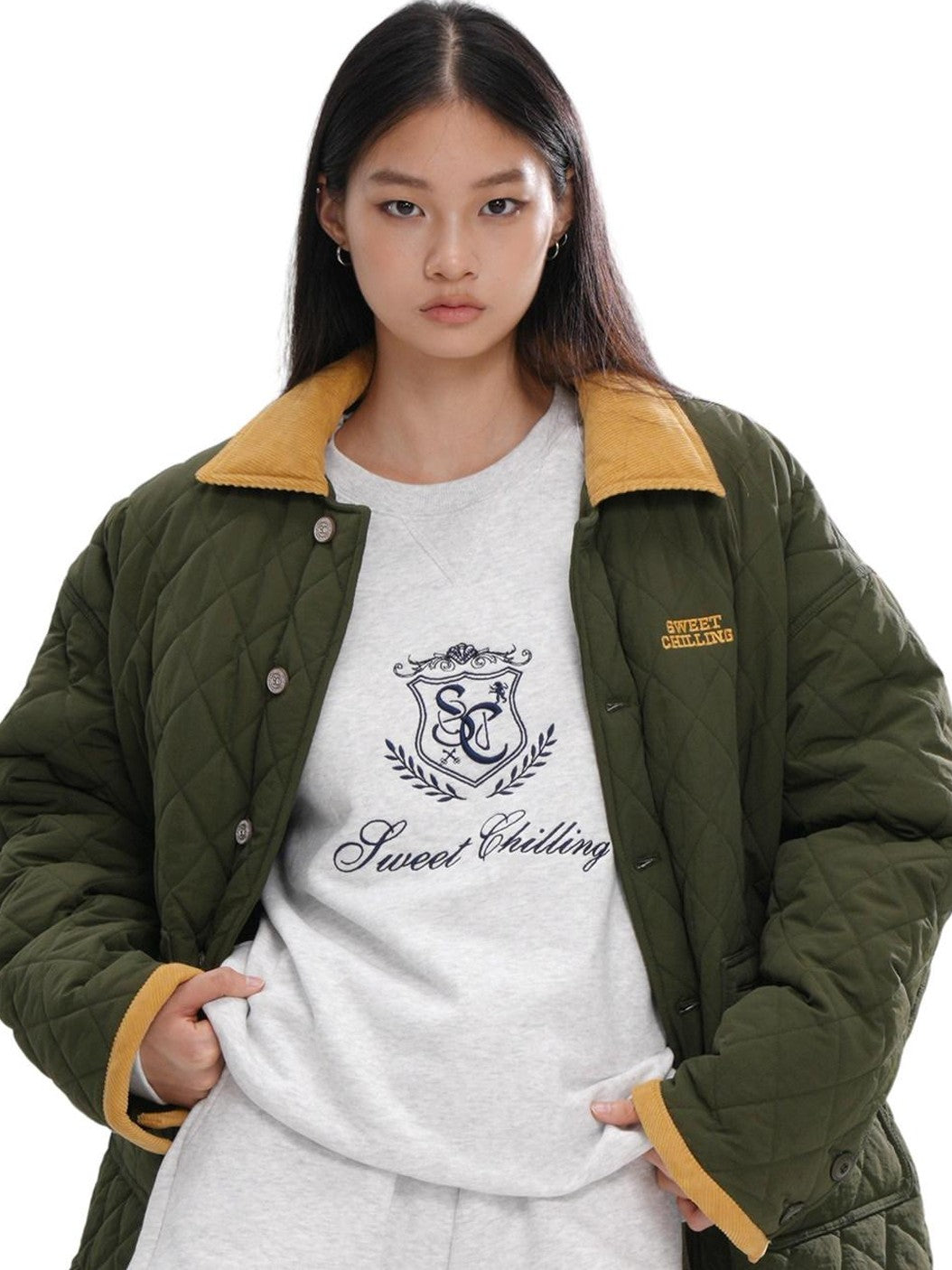 SweetChilling Army Green Quilted Vintage Cropped Women&
