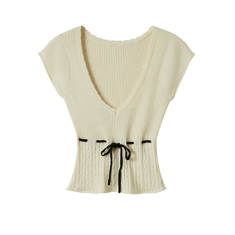 SweetChilling Beige Knit Ruched Waist Short Sleeve Women&