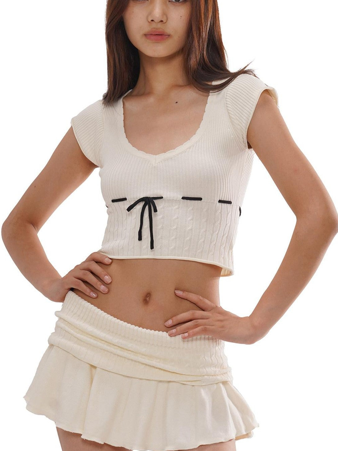 SweetChilling Beige Knit Ruched Waist Short Sleeve Women&