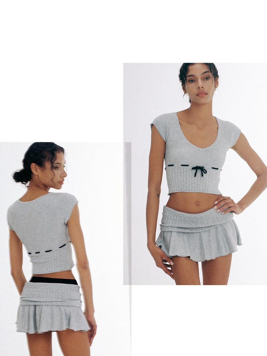 SweetChilling Beige Knit Ruched Waist Short Sleeve Women&