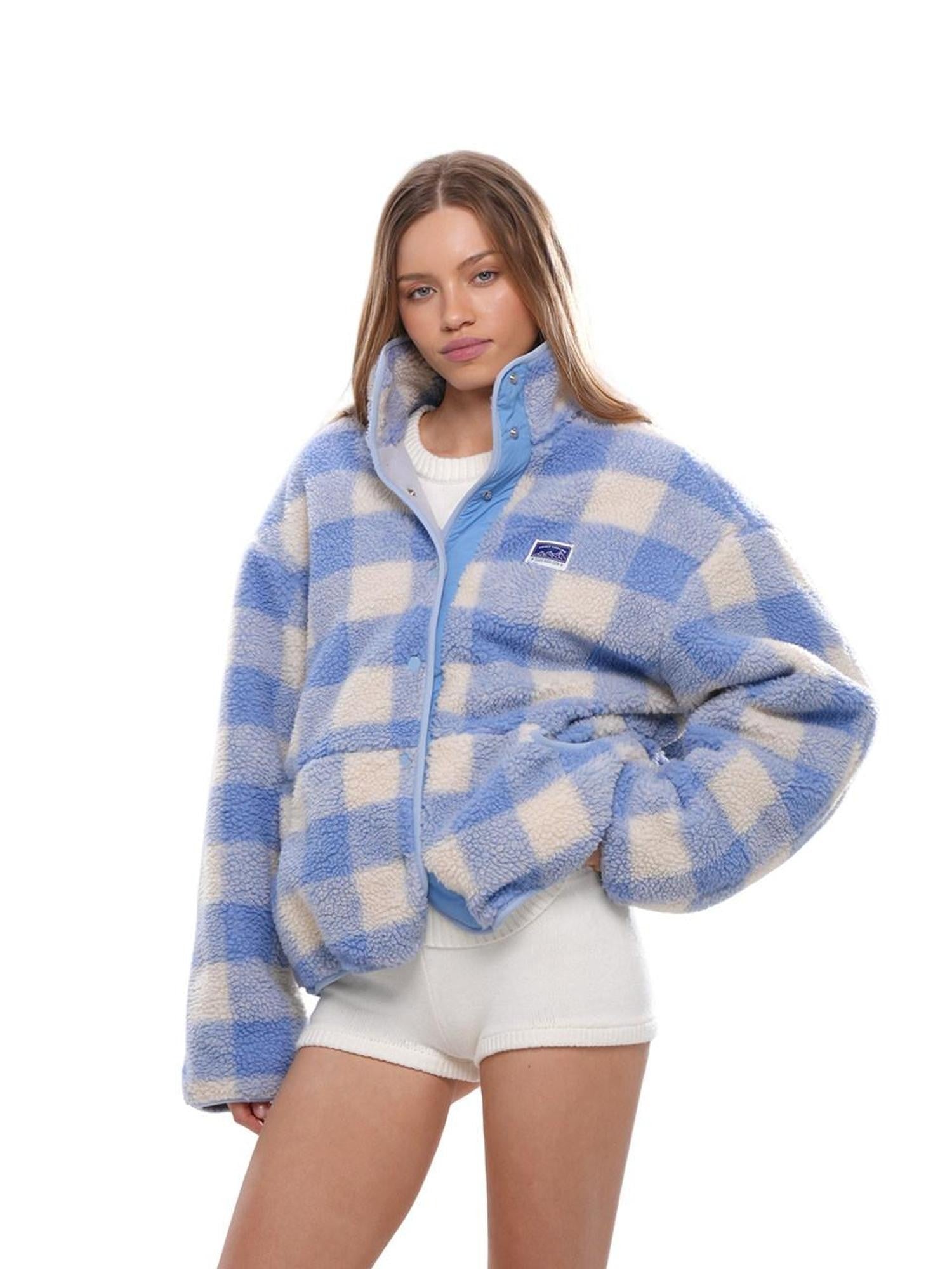 SweetChilling Blue Plaid Double Layer High Collar Cropped Women&