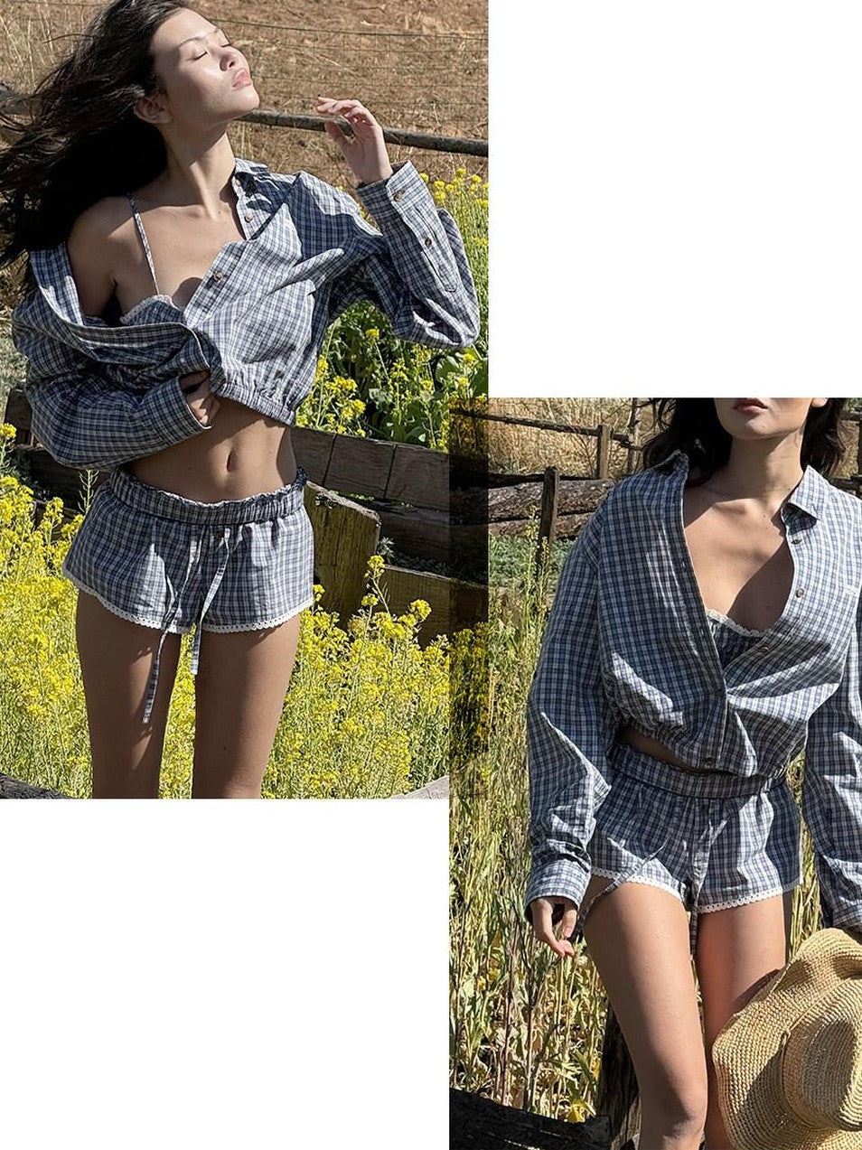 SweetChilling Blue Plaid Long Sleeve Shirt Jacket Bustier Women&
