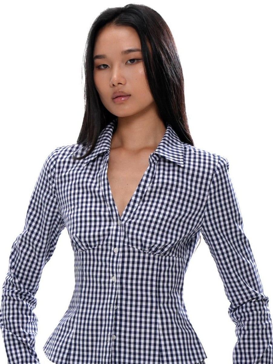 SweetChilling Blue Plaid V-neck Long Sleeve Waist Cinch Women&