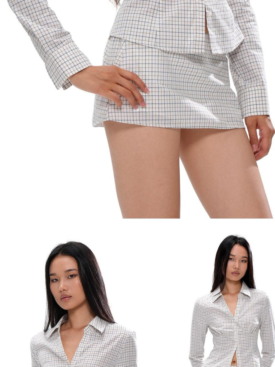 SweetChilling Blue Plaid V-neck Long Sleeve Waist Cinch Women&