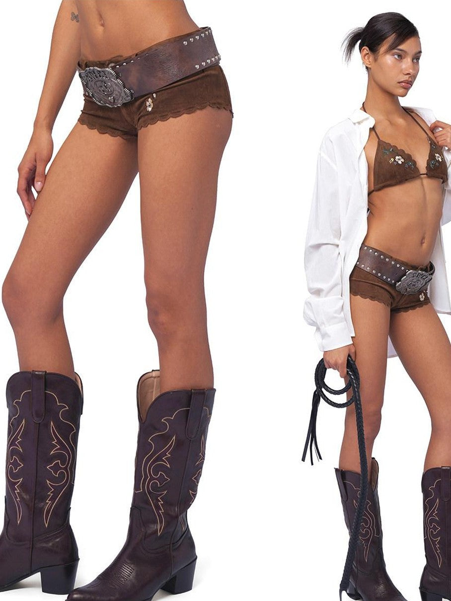 SweetChilling Brown Western Studded Heavywork Women&