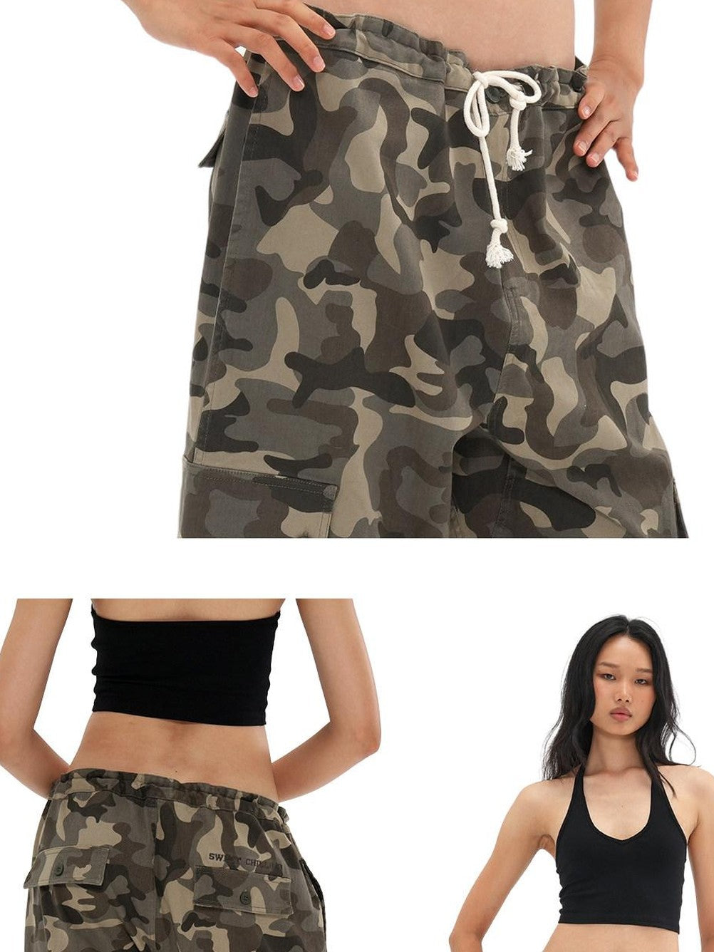 SweetChilling Camo Adjustable Waist Low Rise Loose Straight Women&