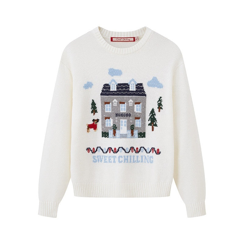 SweetChilling Christmas Cottage Jacquard Crewneck One Shoulder Women&