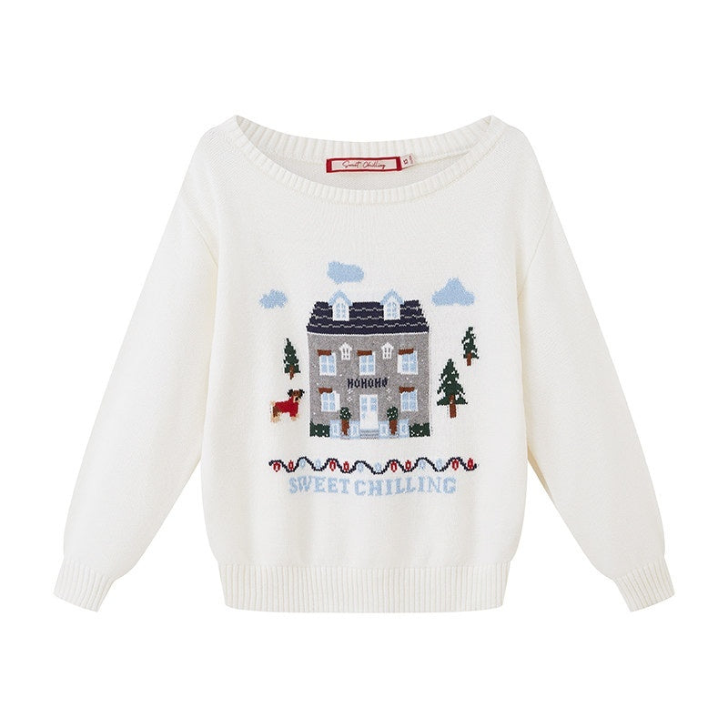 SweetChilling Christmas Cottage Jacquard Crewneck One Shoulder Women&