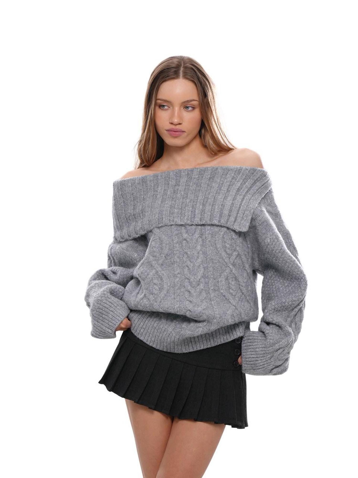 SweetChilling Chunky Cable Turn Down Collar Women&