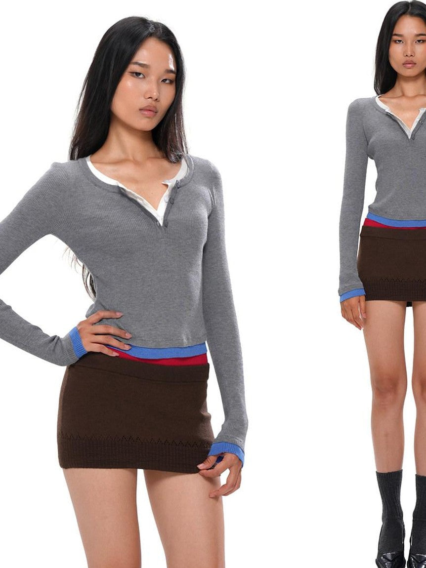 SweetChilling Colorblock Layered Faux Two Piece Knit Women&