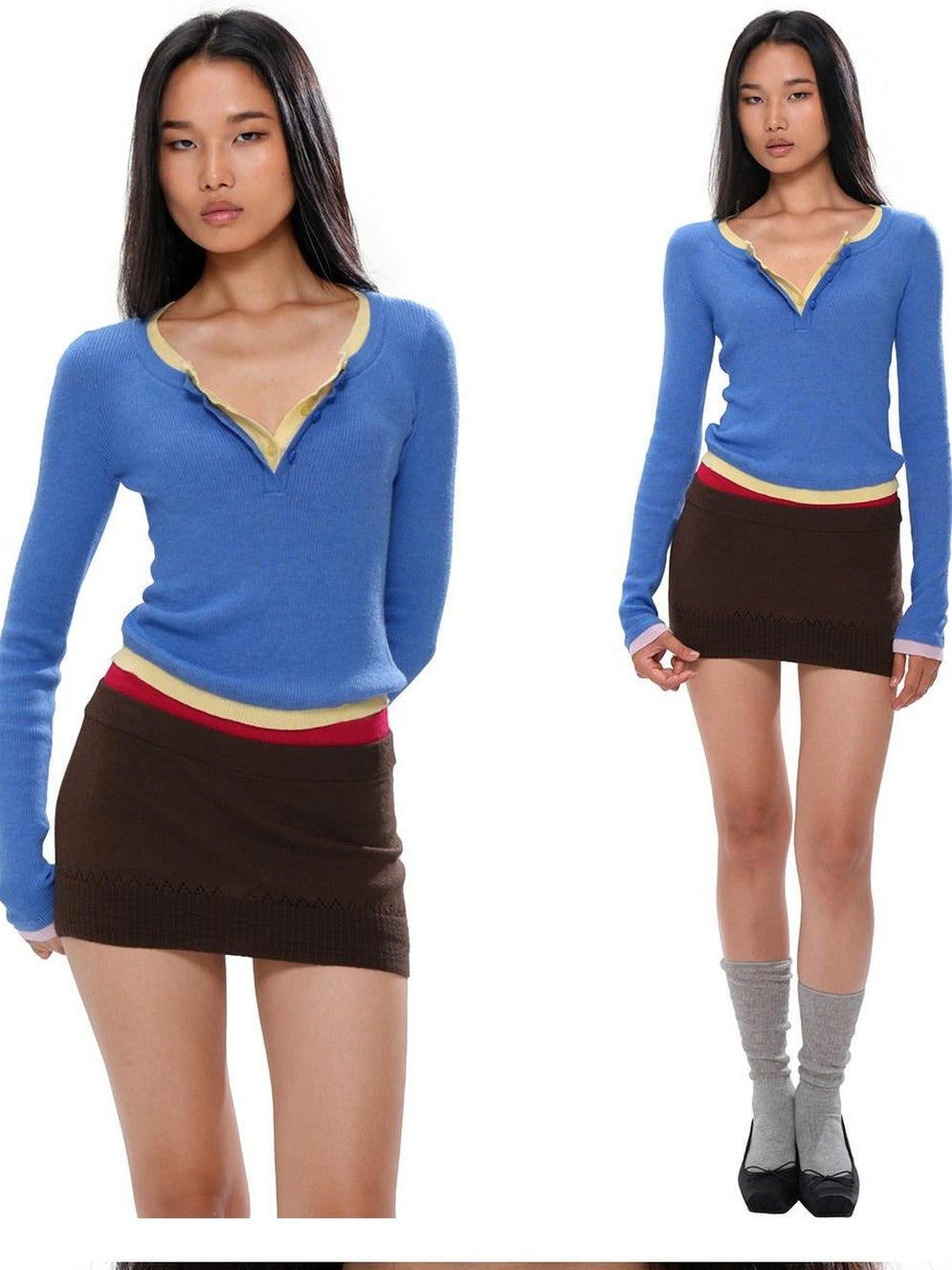 SweetChilling Colorblock Layered Faux Two Piece Knit Women&