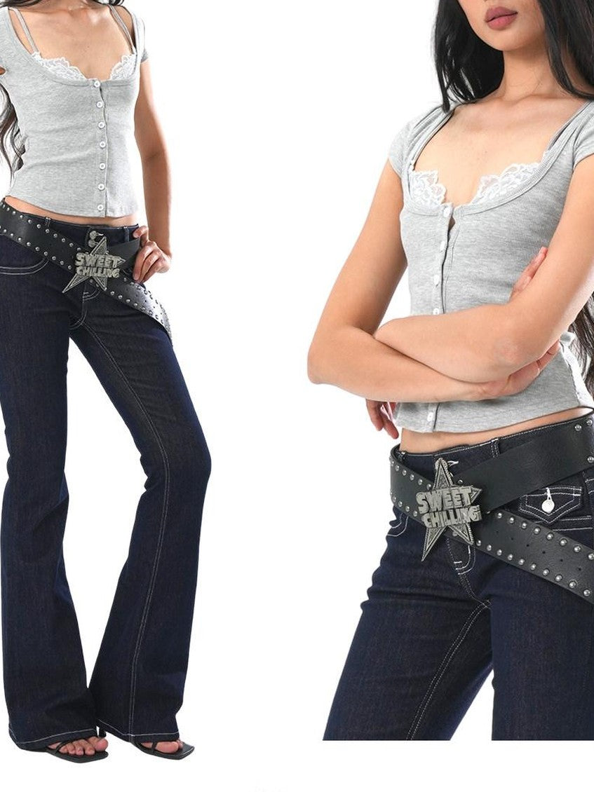 SweetChilling Cropped Lace Trim Cinched Waist Letter Print Women&