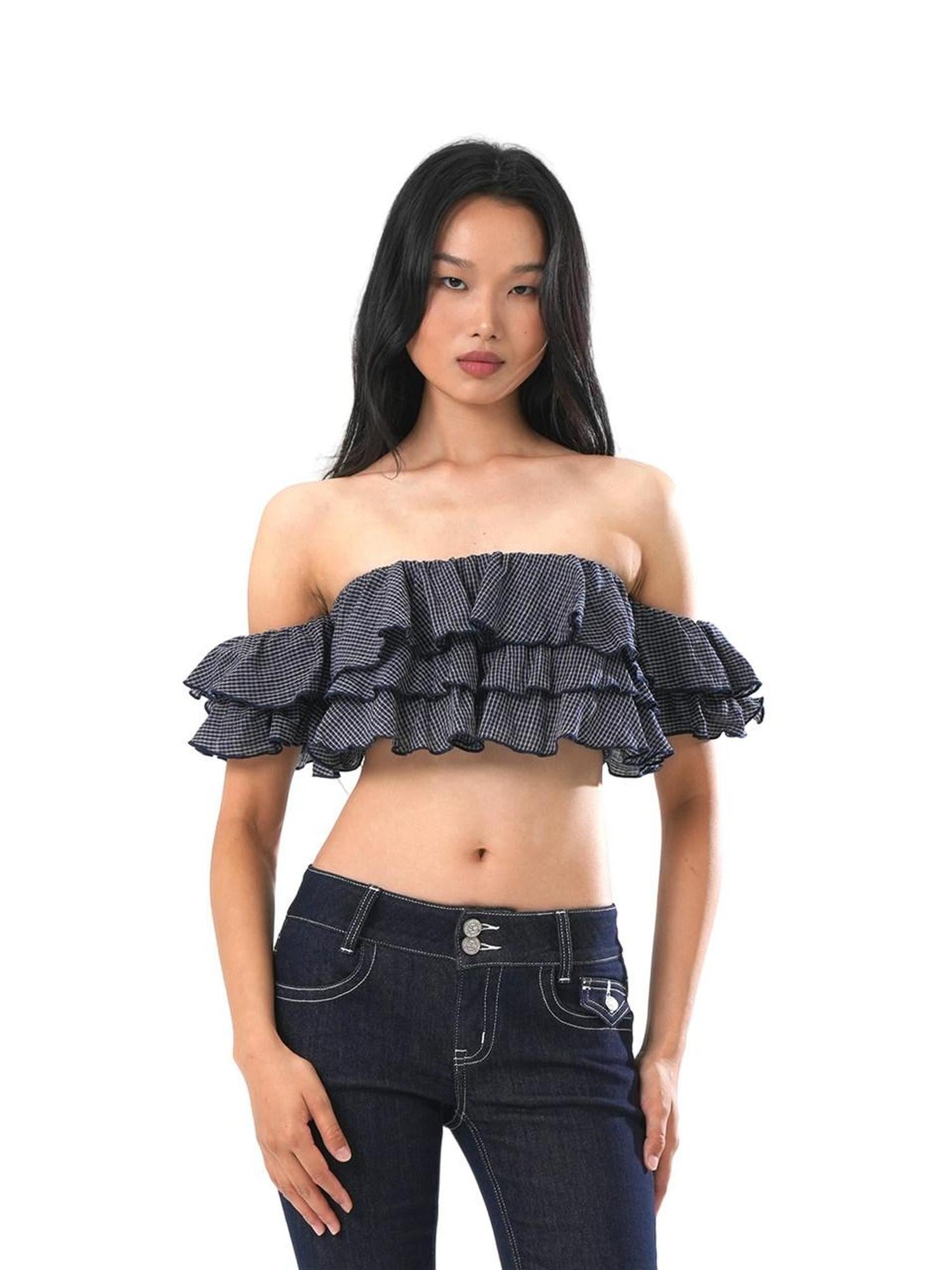 SweetChilling Cropped Layered Ruffle Off Shoulder Letter Print Women&