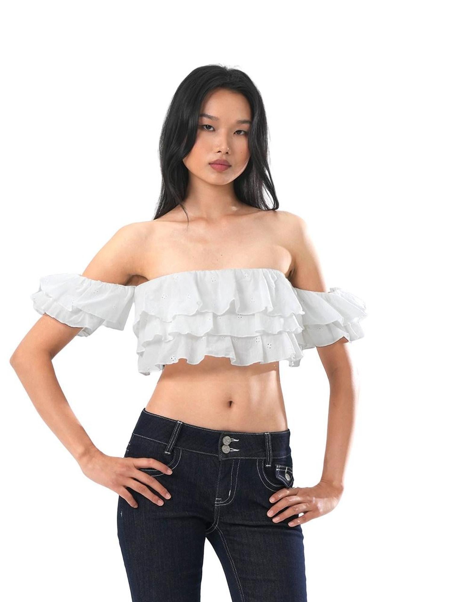 SweetChilling Cropped Layered Ruffle Off Shoulder Letter Print Women&