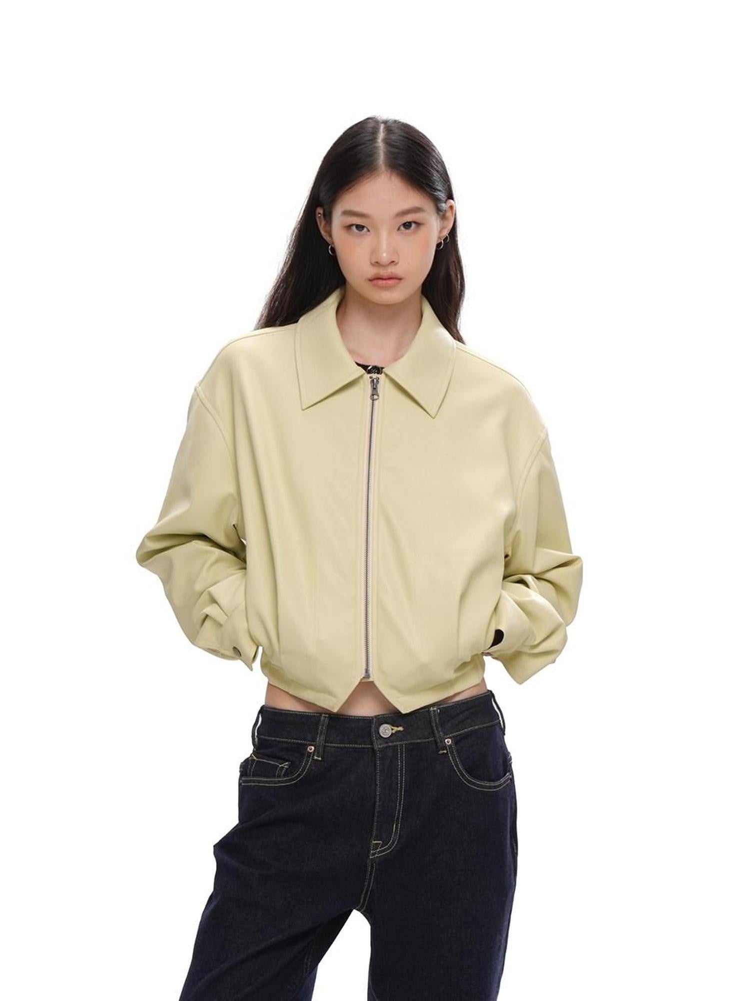 SweetChilling Cropped Shiny Fleece Lined Zipped Lapel Fitted Women&